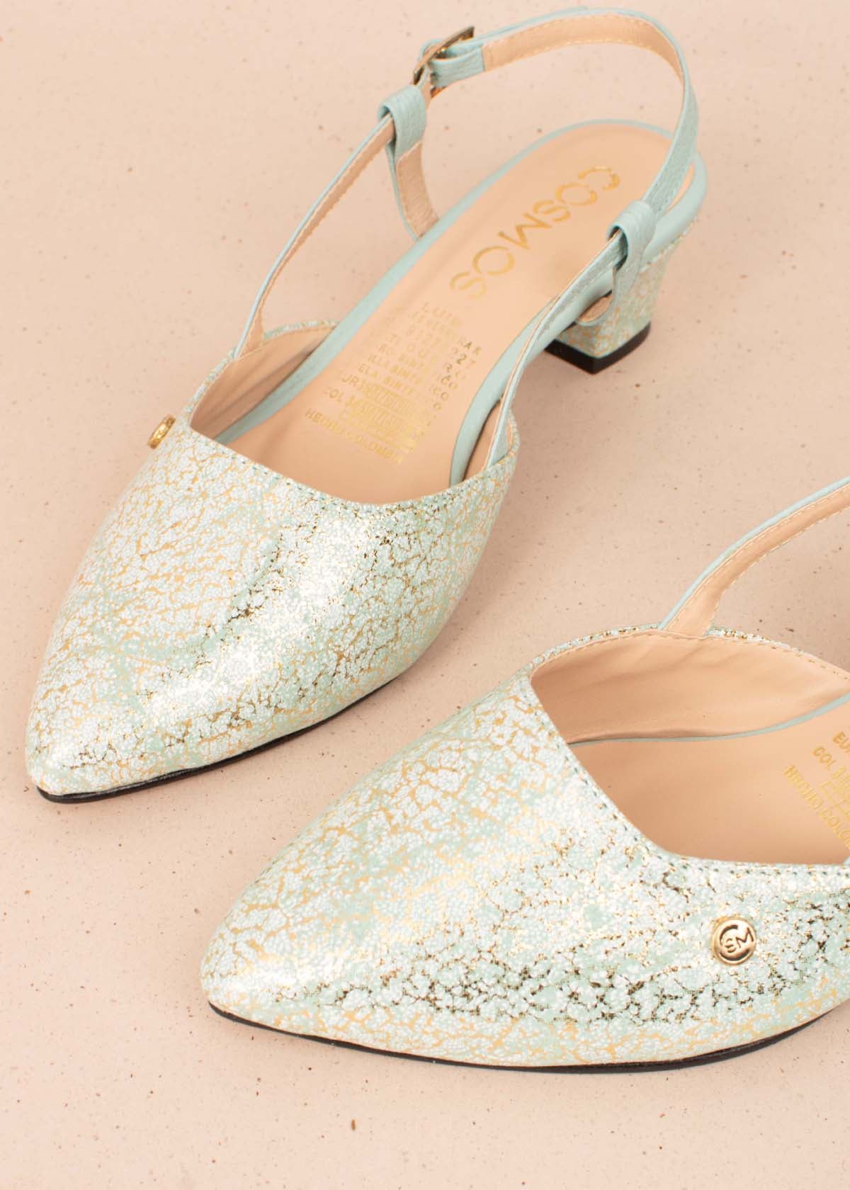 Tacones trabilla en cuero color verde menta con folia 104326
