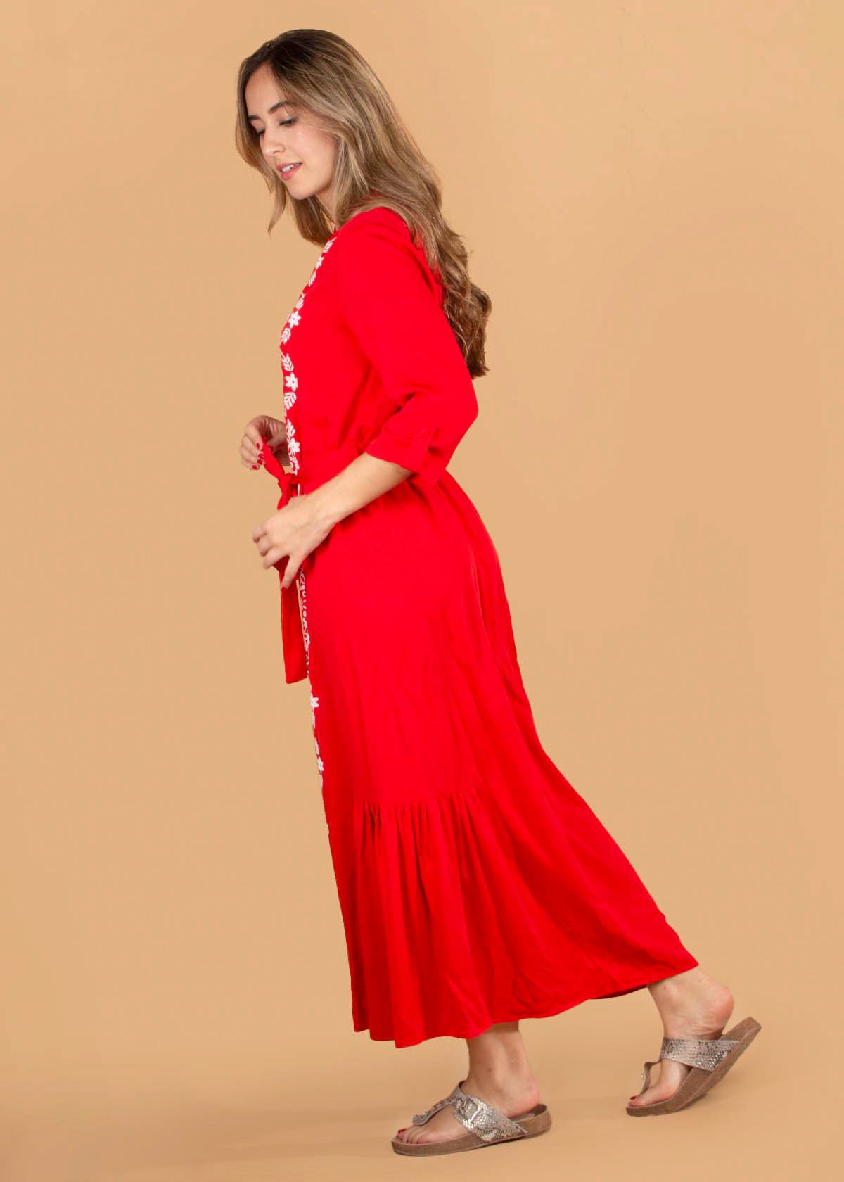 Vestido largo color rojo con flores 104586