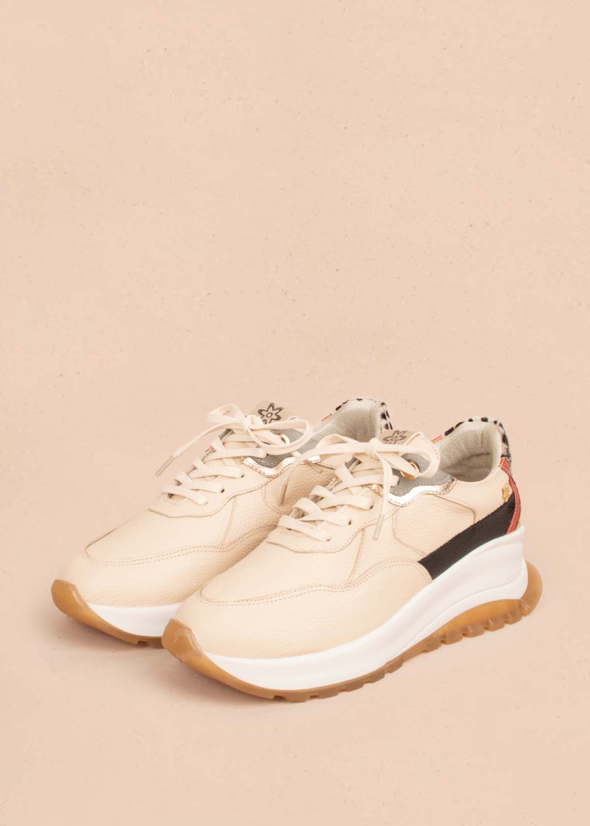 Tenis casuales en cuero color taupe y cuero con pelo 104770