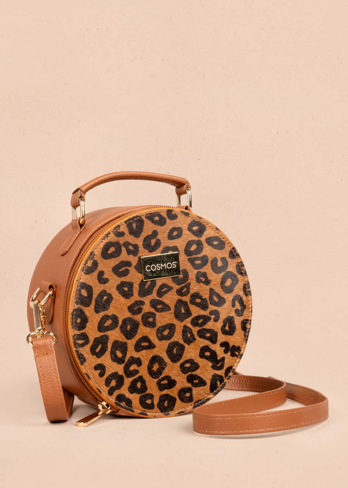 Bolso tipo bandolera en cuero color tabaco y cuero con pelo animal print 105312