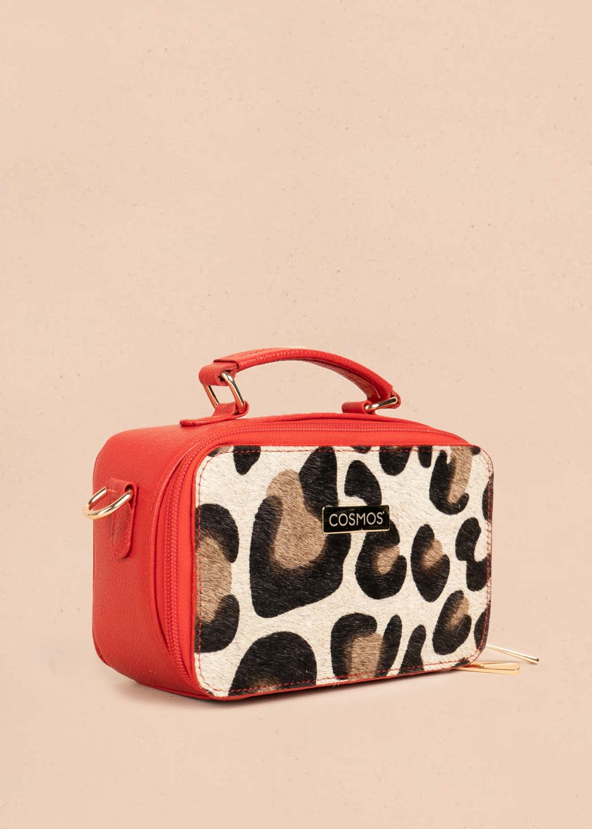 Bolso manos libres en cuero color rojo y cuero con pelo animal print 105315