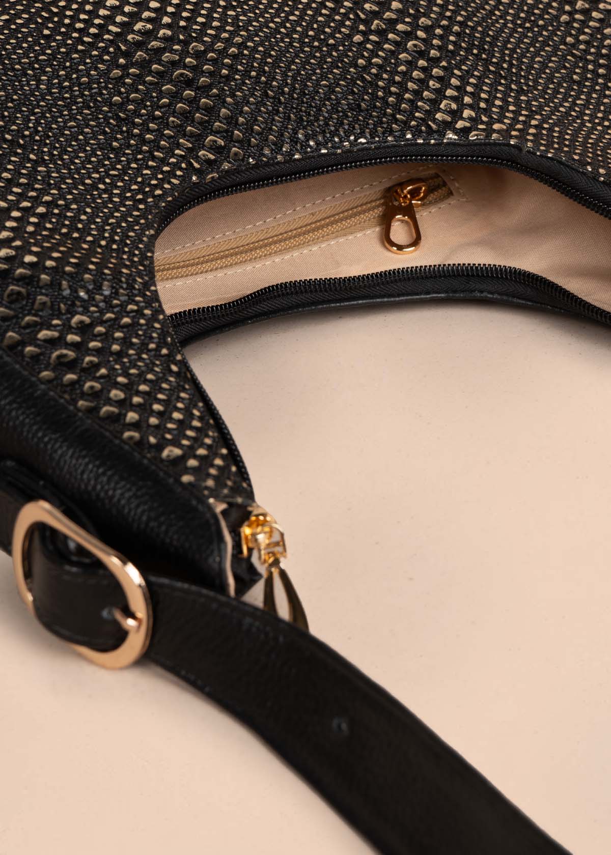 Bolso shopping en cuero color negro con folia 105571