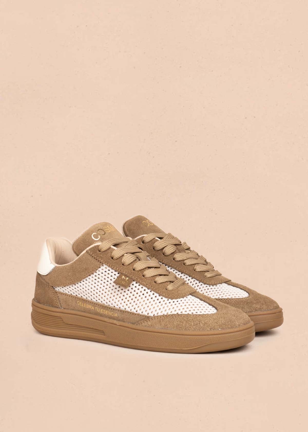 Tenis casuales en cuero color arena con malla 105712