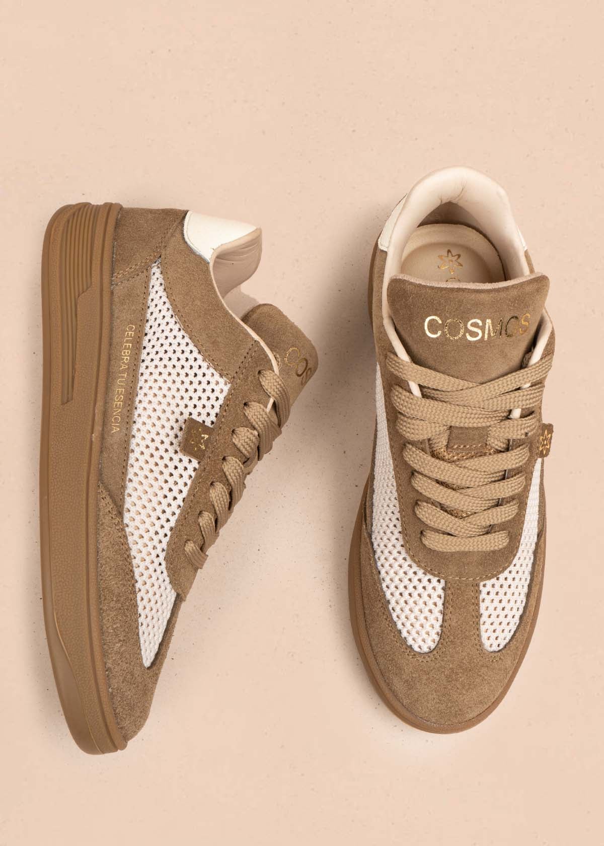 Tenis casuales en cuero color arena con malla 105712