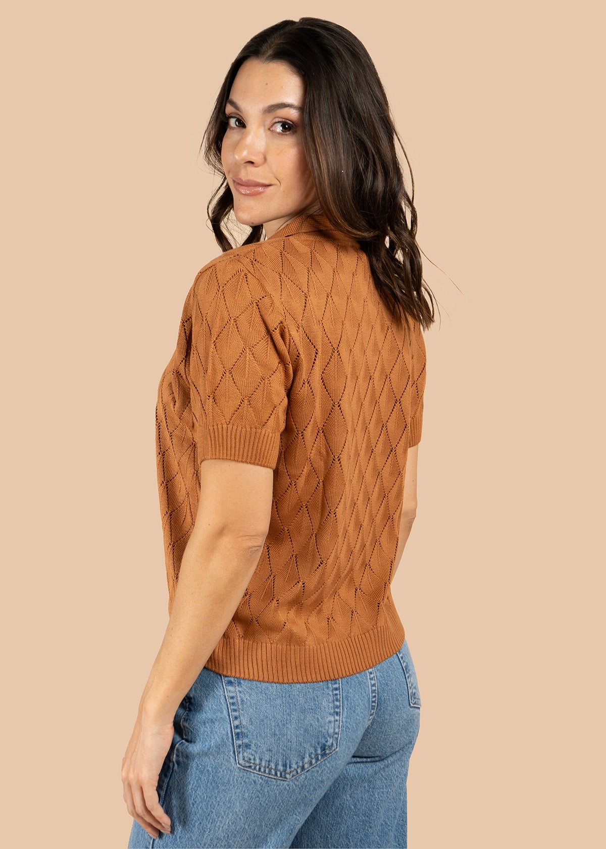 Blusa tejida color camel de manga corta con cuello polo 105748