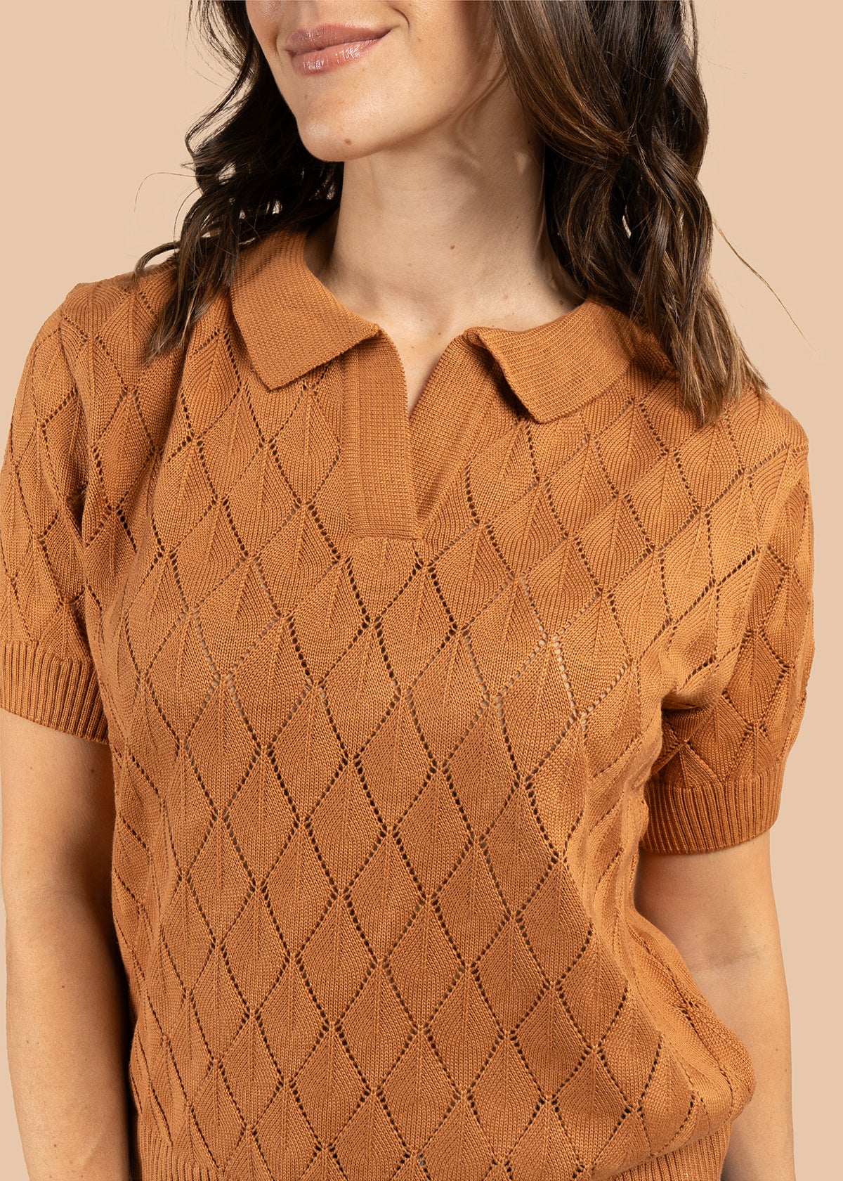 Blusa tejida color camel de manga corta con cuello polo 105748