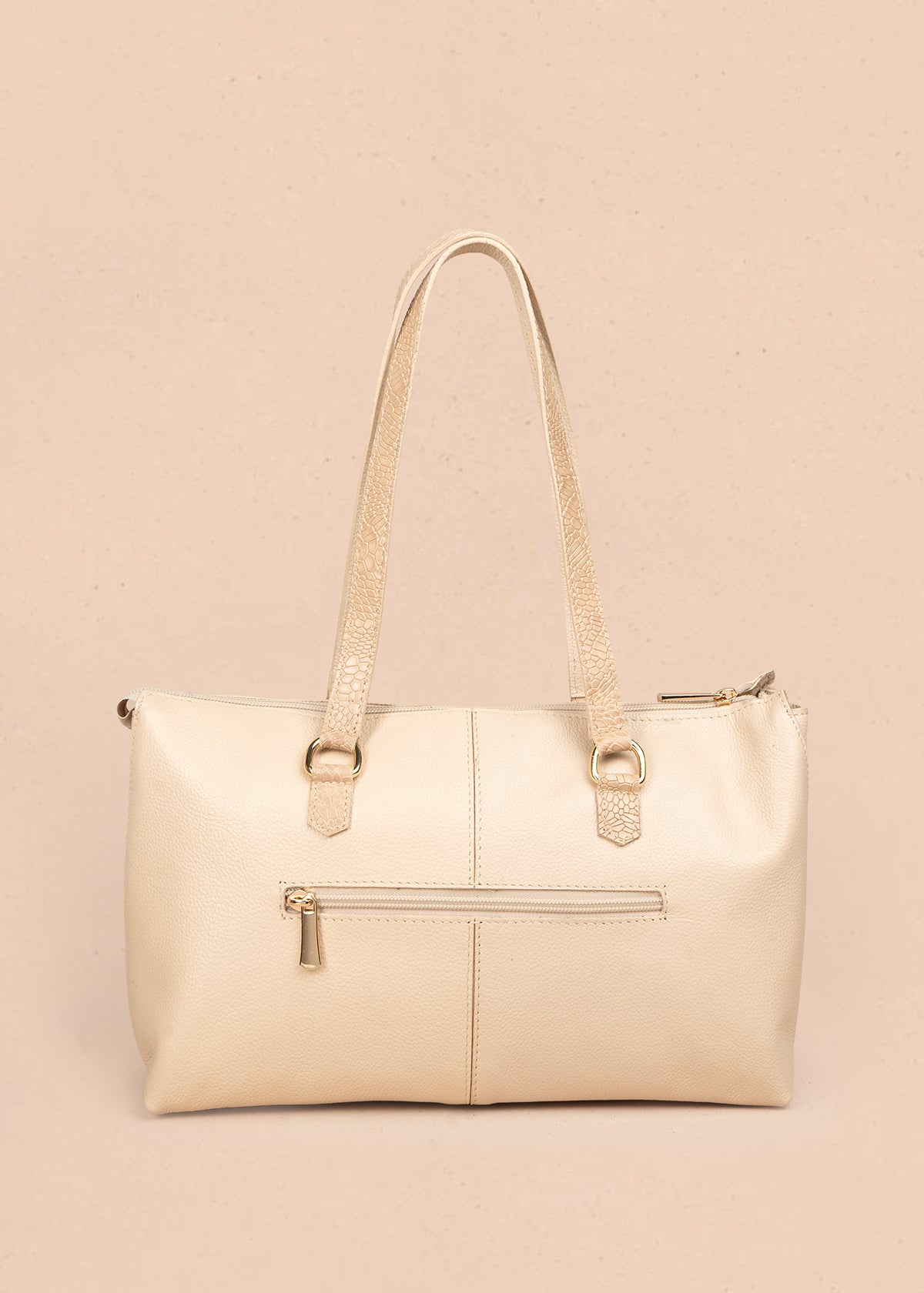 Bolso tipo shopping en cuero color beige con asas textura croco 105785