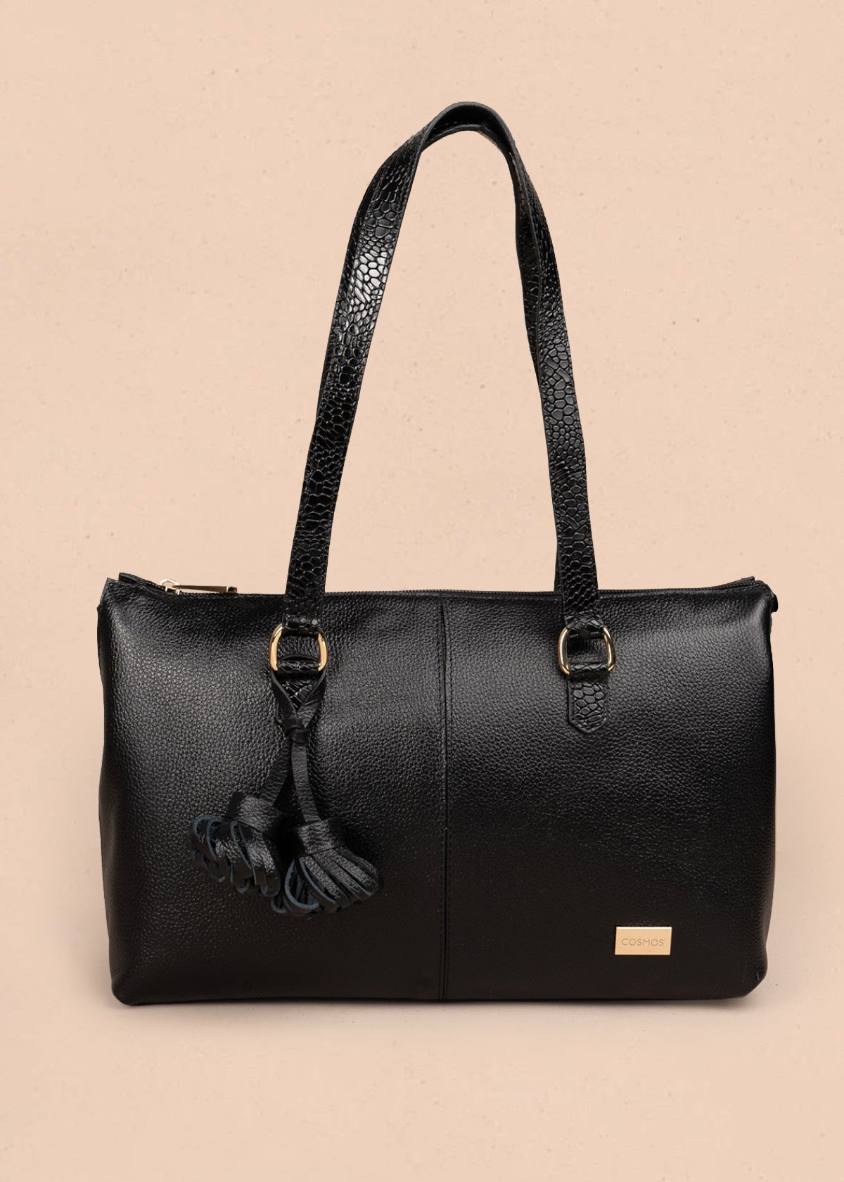 Bolso tipo shopping en cuero color negro con asas textura croco 105785