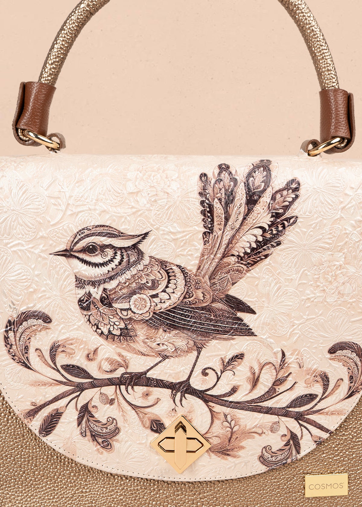 Bolso en cuero color beige con estampado de ave floral 105932