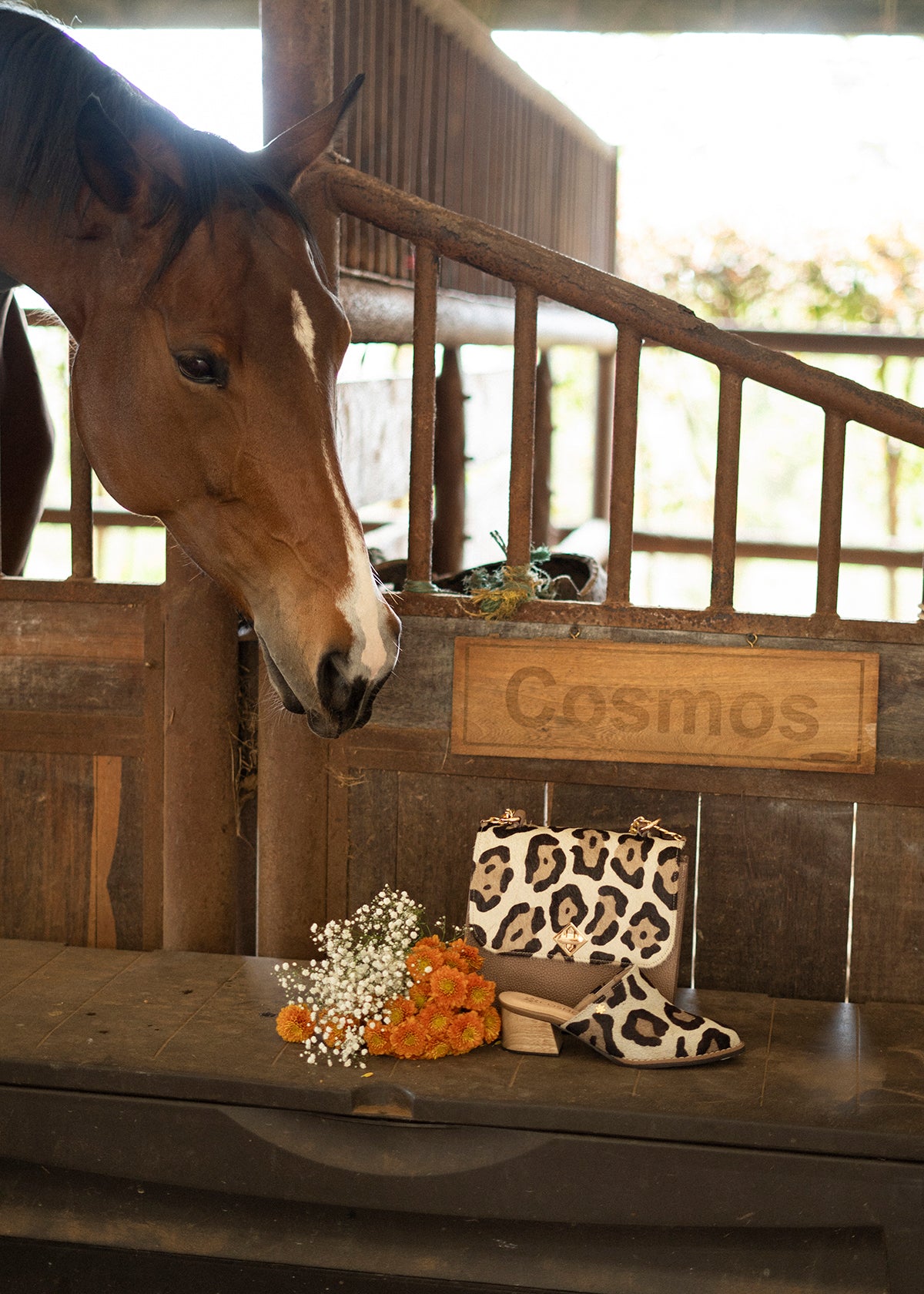 Bolso manos libres en cuero color café con estampado animal print y cadena dorada 105934