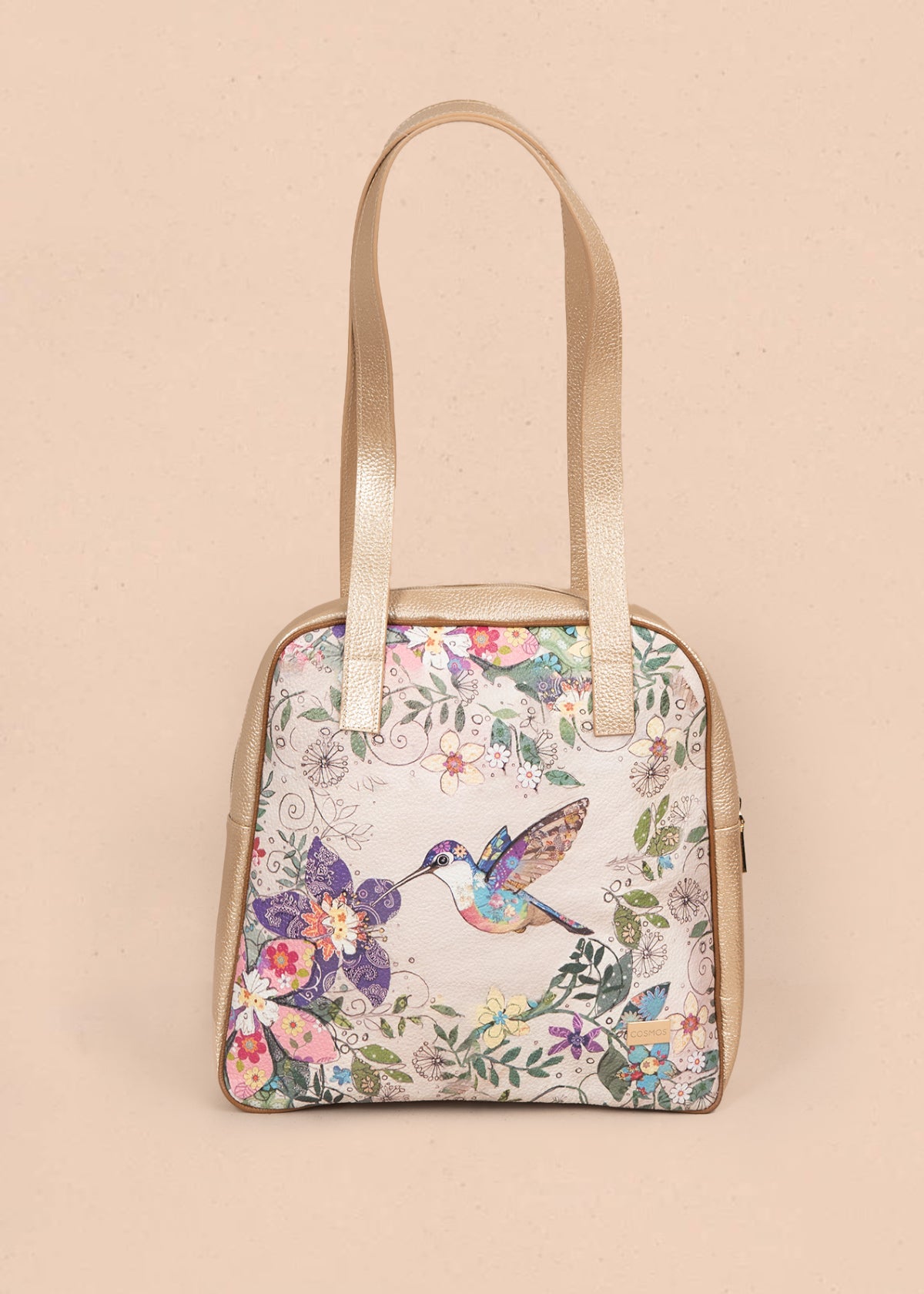 Bolso en cuero color talco con diseño de colibrí y flores tropicales 105936