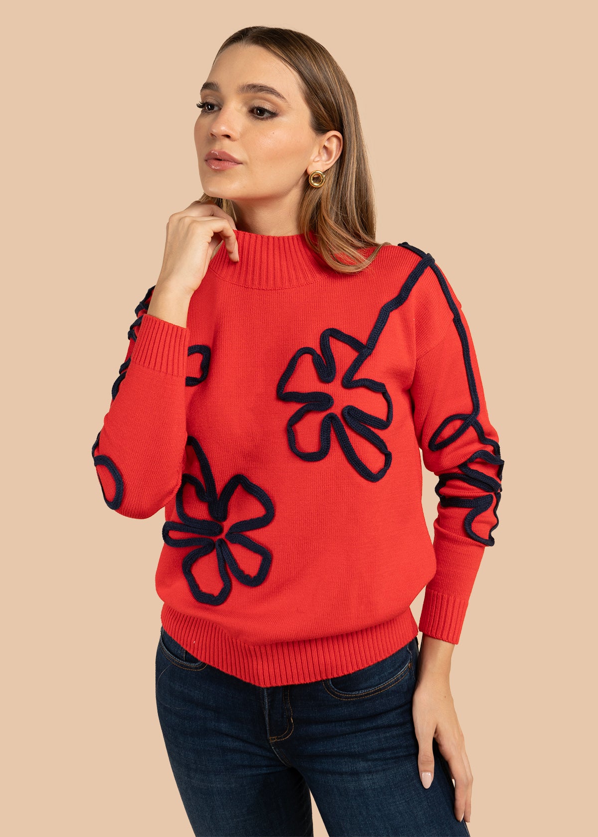 Buzo color rojo con flores bordadas 106060