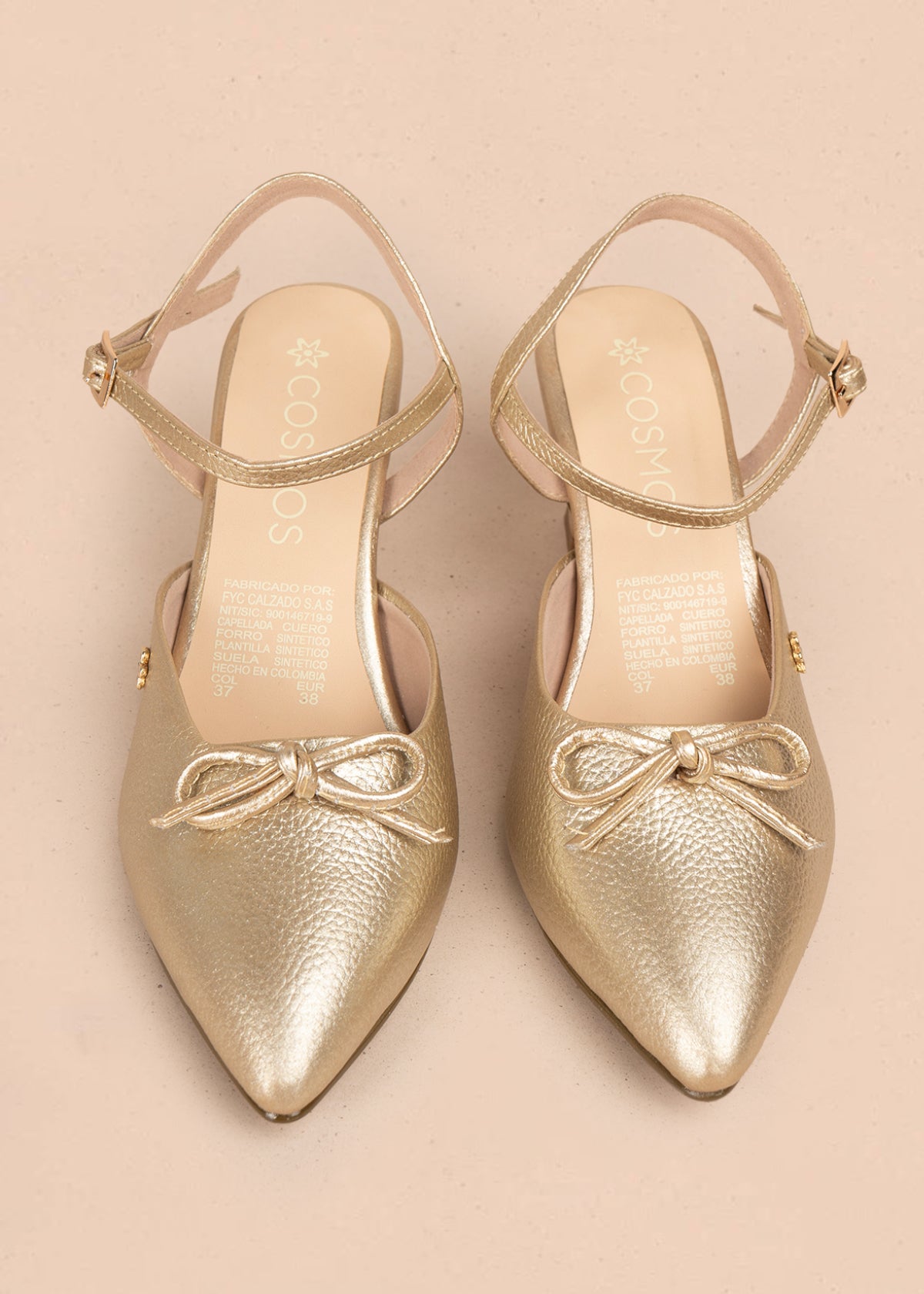 Tacones trabilla en cuero color champaña con moño 106087