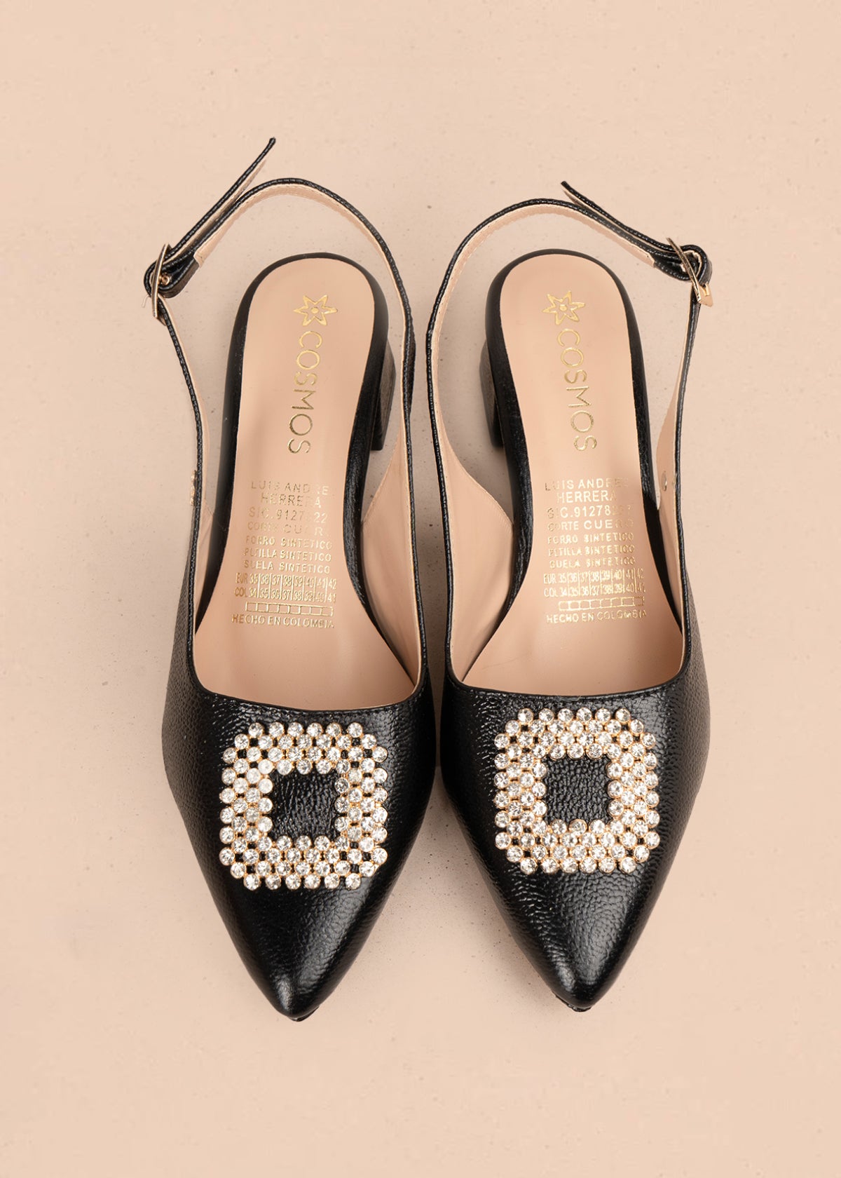 Tacones trabilla en cuero color negro con aplique de pedrería 106149