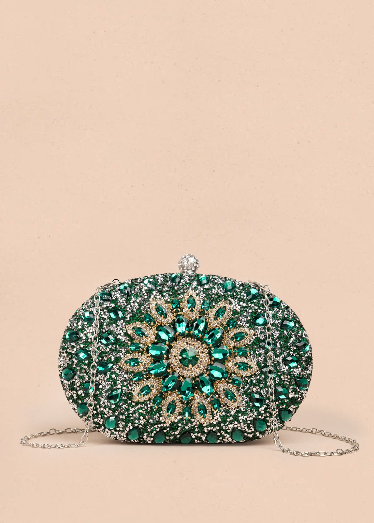 Bolso tipo bandolera color verde con pedrería 106241