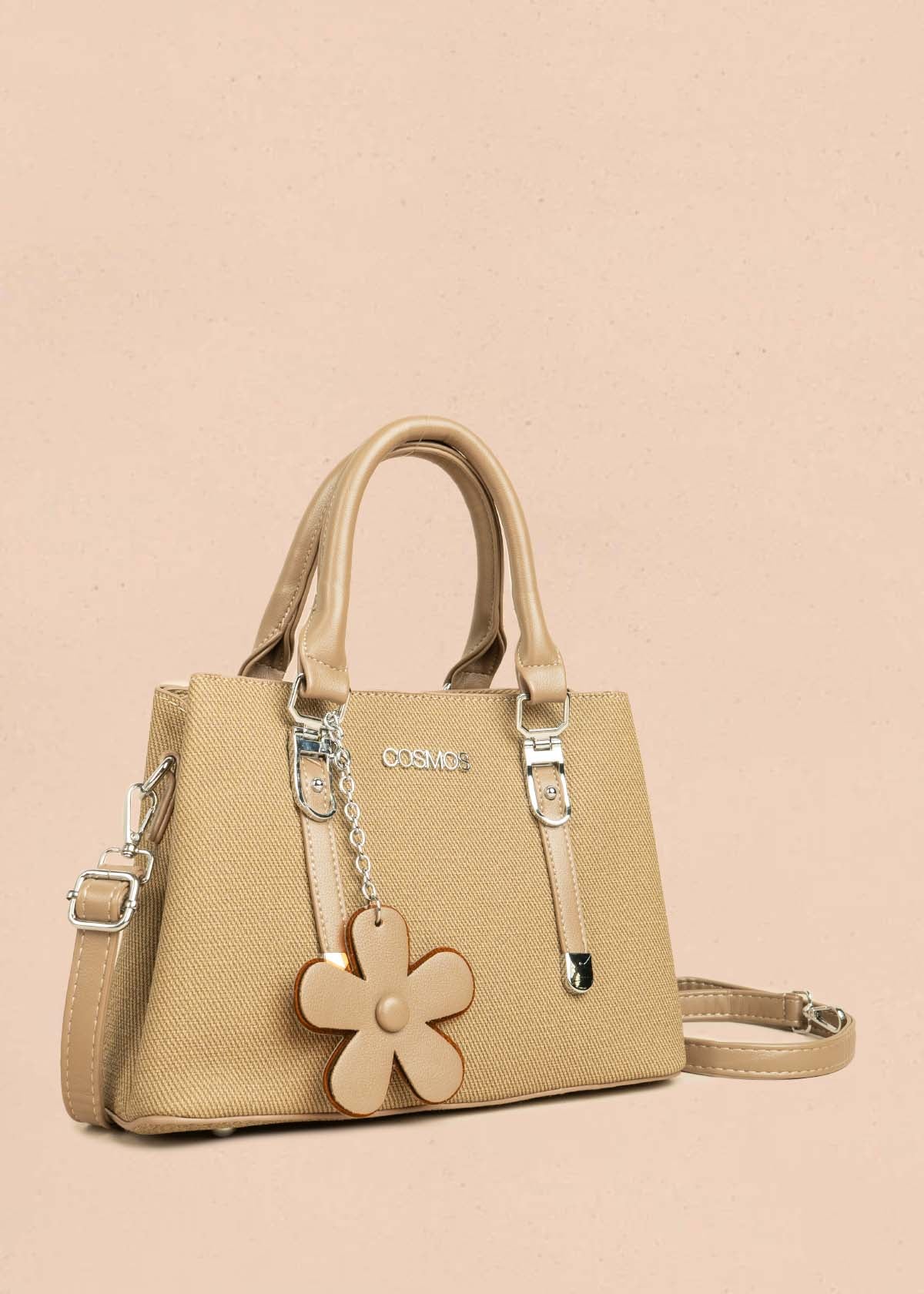 Bolso tipo cartera color caqui textura en lona y llavero de flor 106329