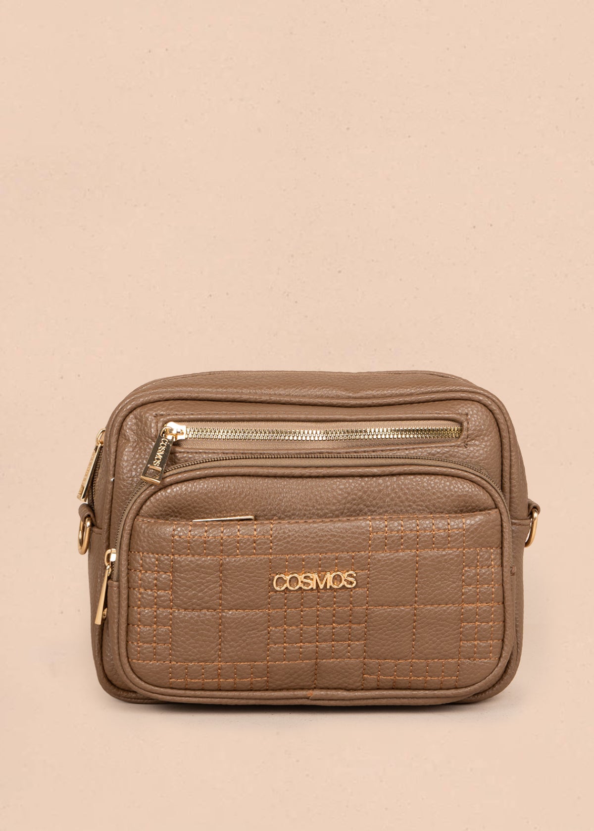 Bolso manos libres color café con doble cremallera dorada 106336