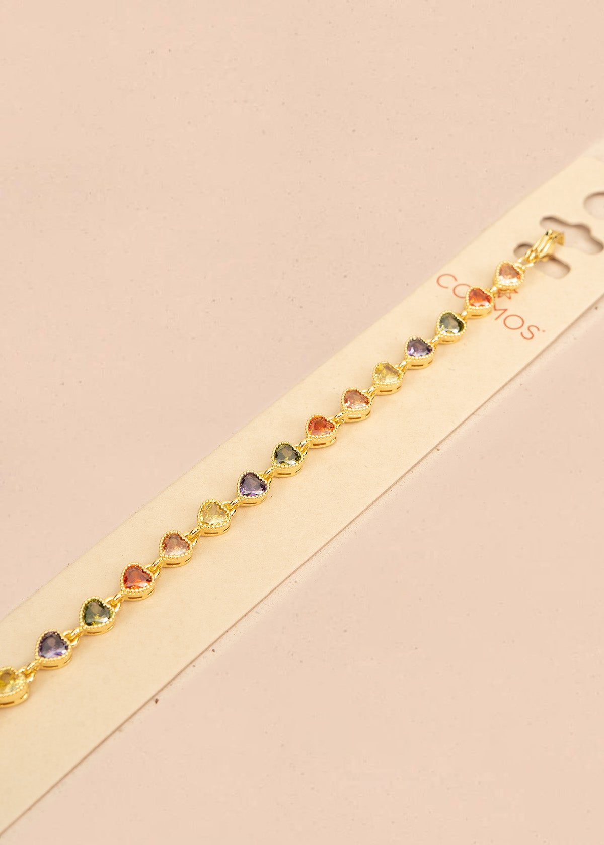 Pulsera con cristales multicolor en forma de corazón y cadena dorada 106376