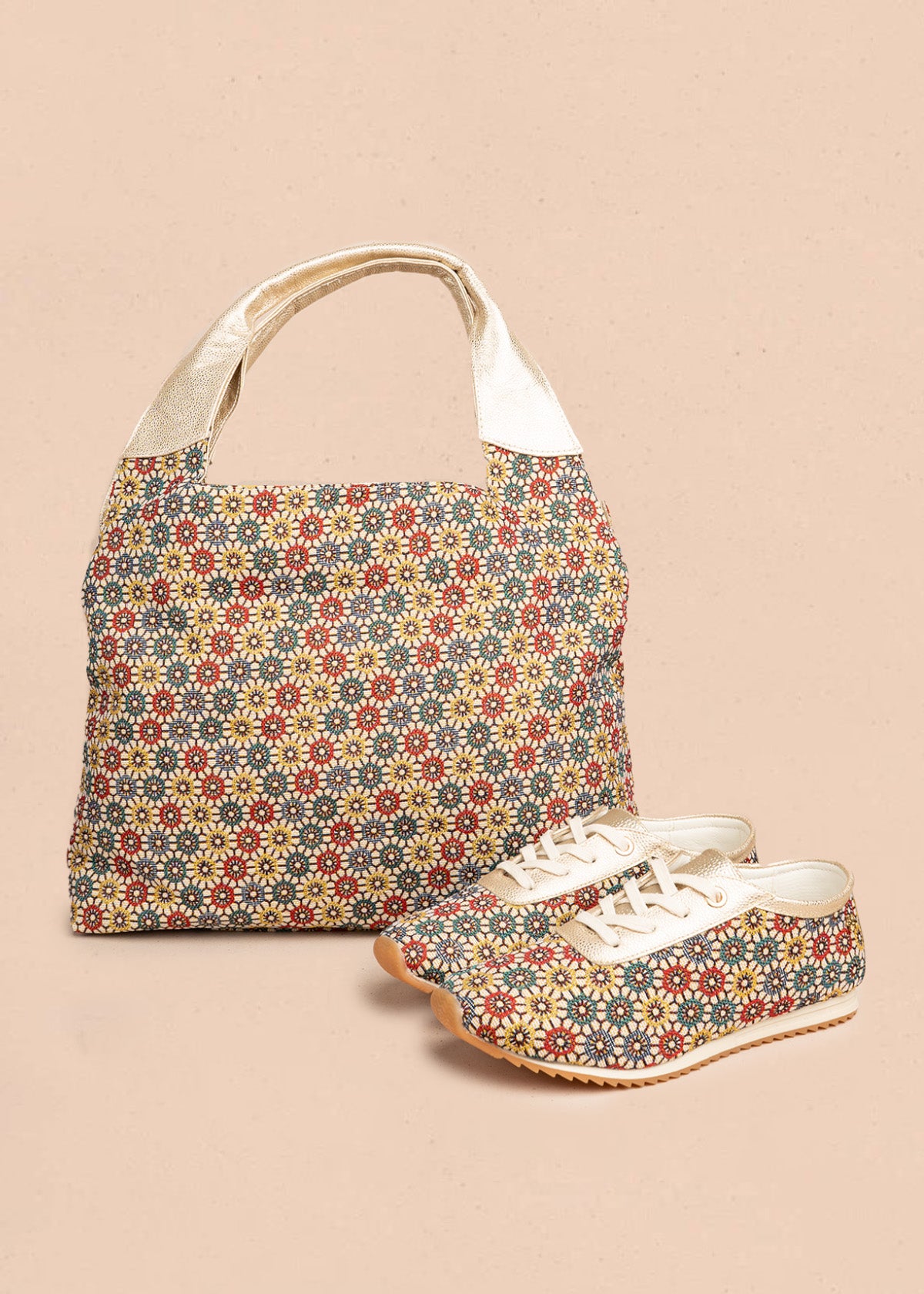 Bolso tipo shopping en cuero multicolor con estampado floral 106483
