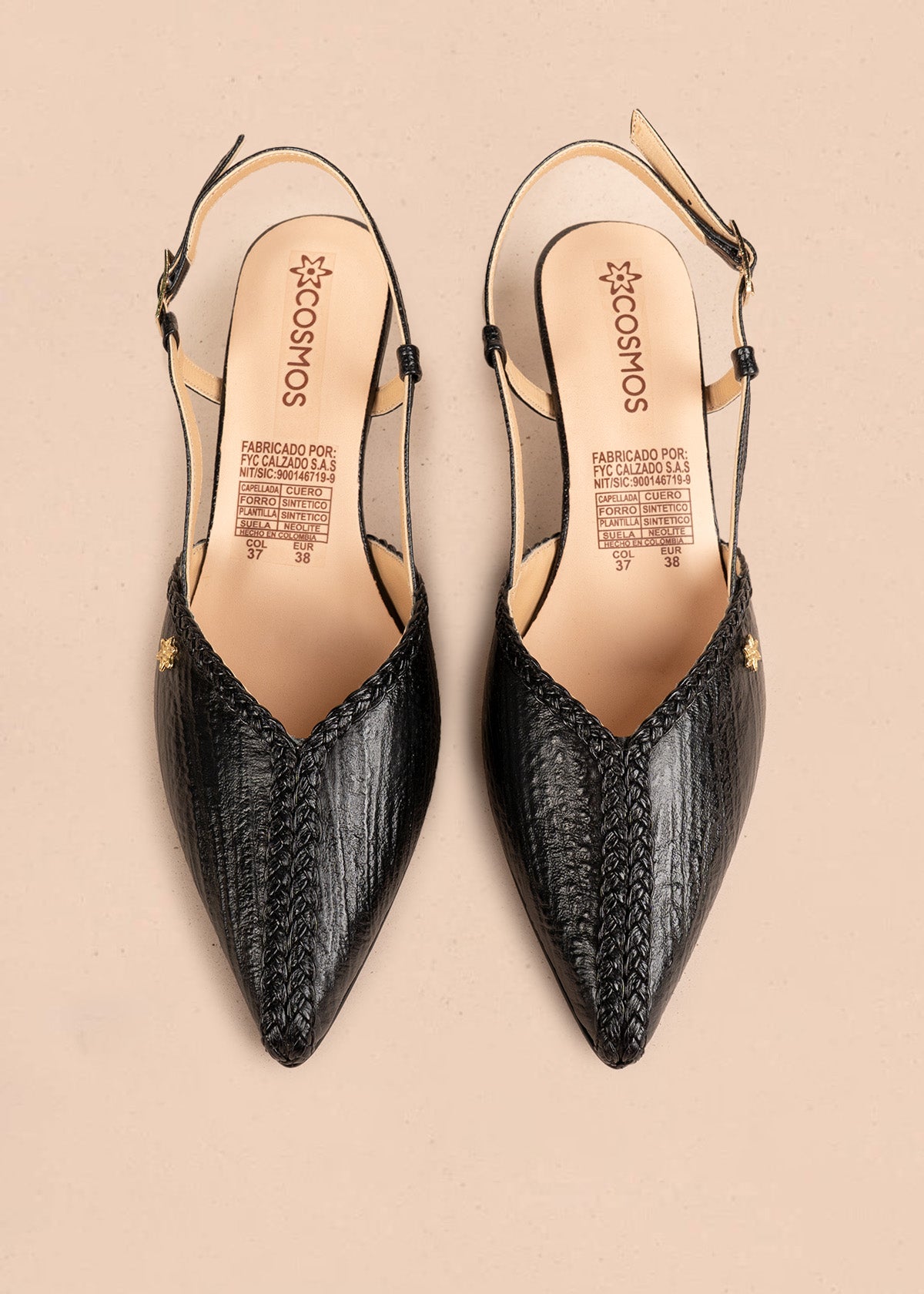 Tacones trabilla de cuero color negro con trenzado decorativo 106504