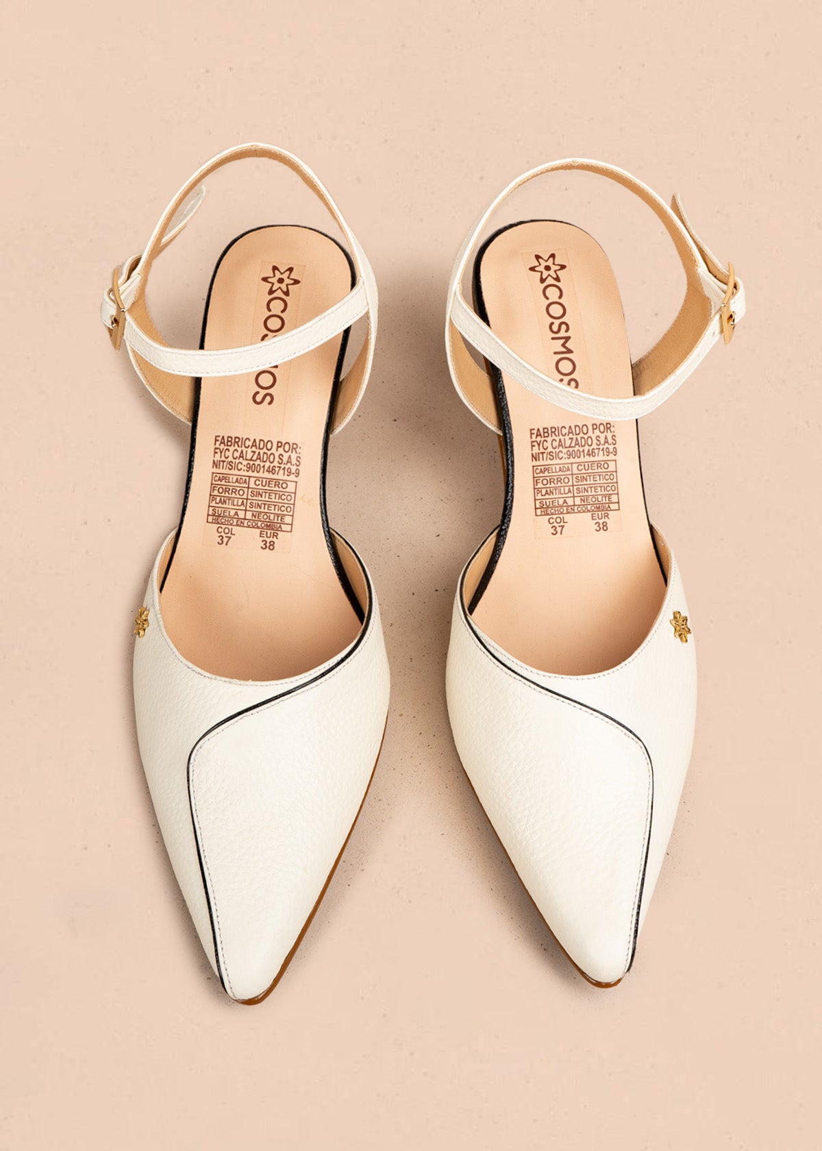 Tacones trabilla en cuero color blanco con detalle de ribete 106510