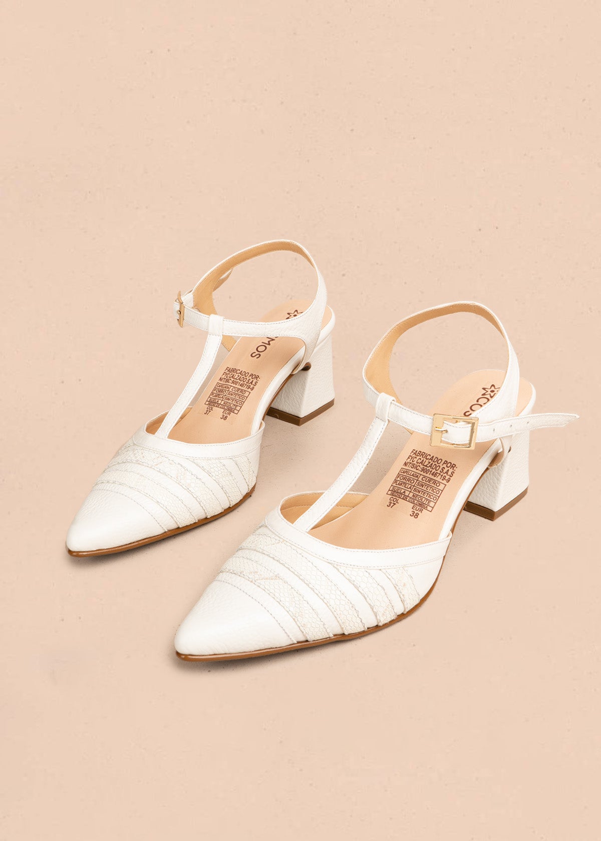 Tacones de cuero color talco con correa y tacón cuadrado 106511