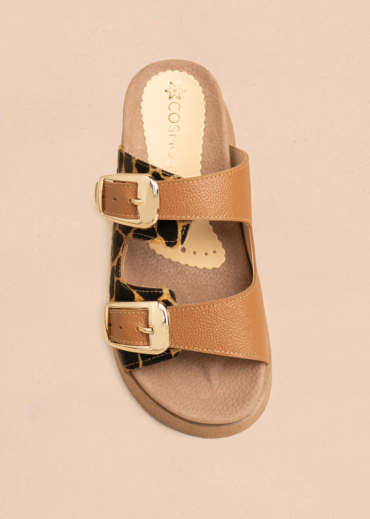 Sandalias planas de cuero color miel con detalle animal print 106515