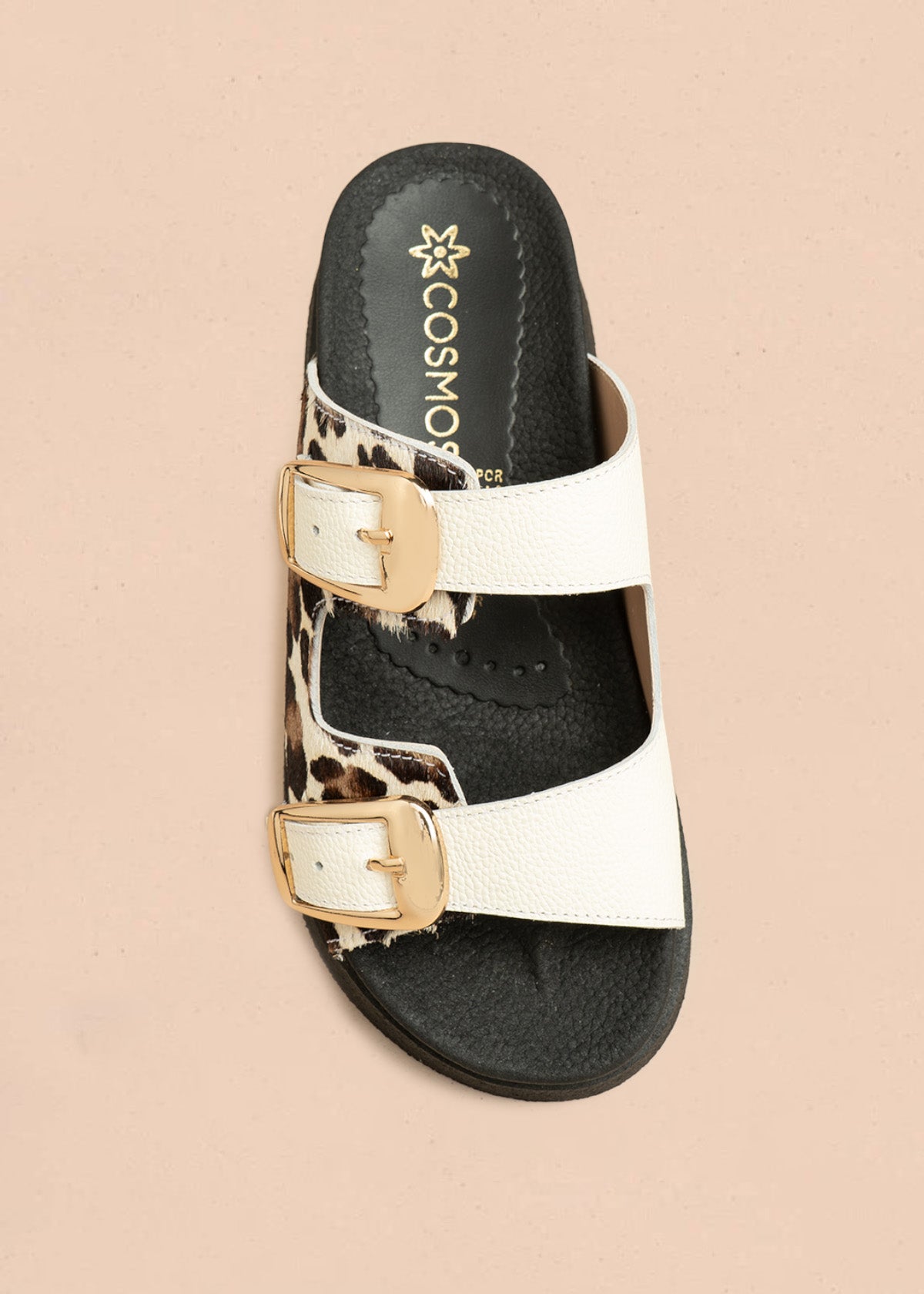 Sandalias planas de cuero color talco con detalle animal print 106515
