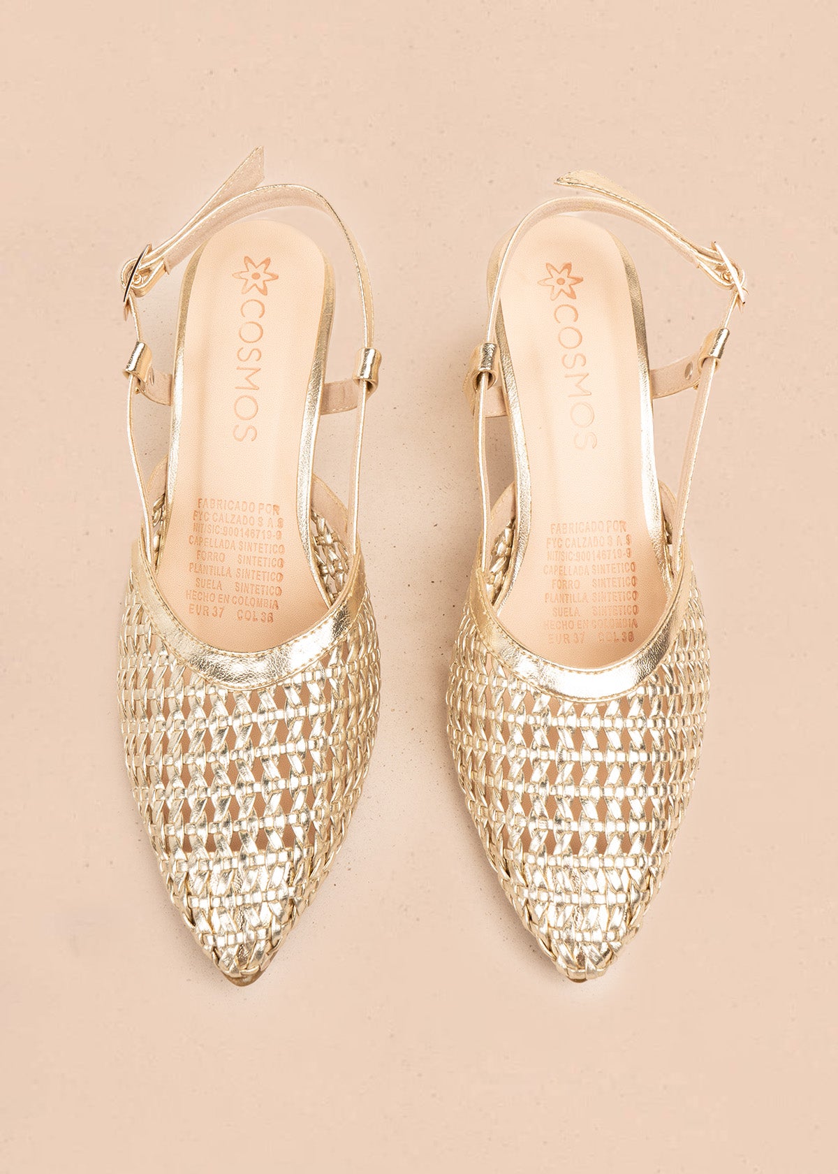 Tacones trabilla color champaña con malla trenzada 106526