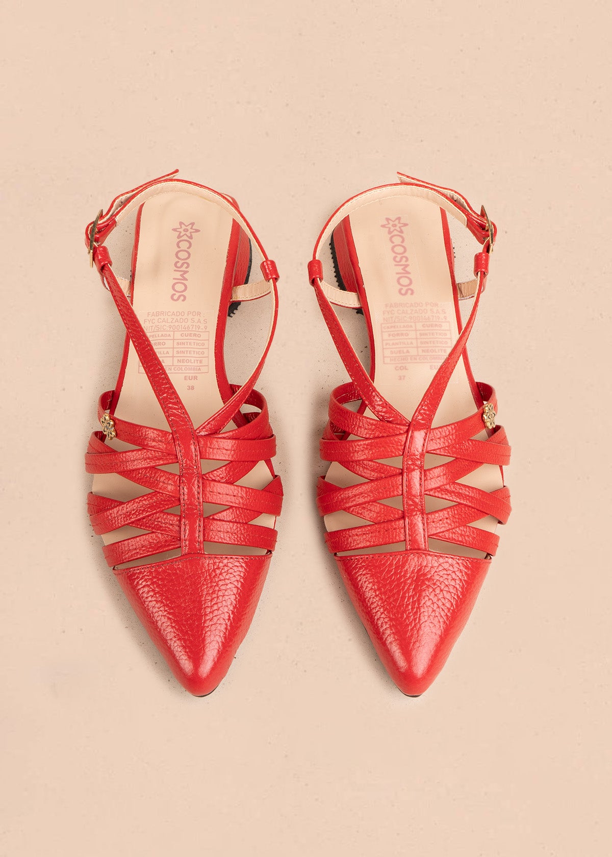 Tacones trabilla en cuero color rojo con tiras entrecruzadas 106559