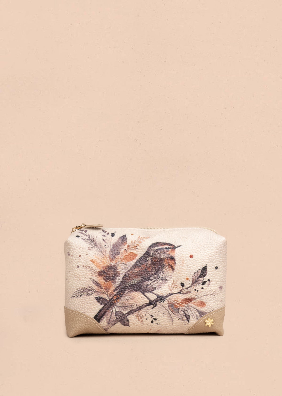 Cosmetiquera en cuero con estampado de ave y flores 106630