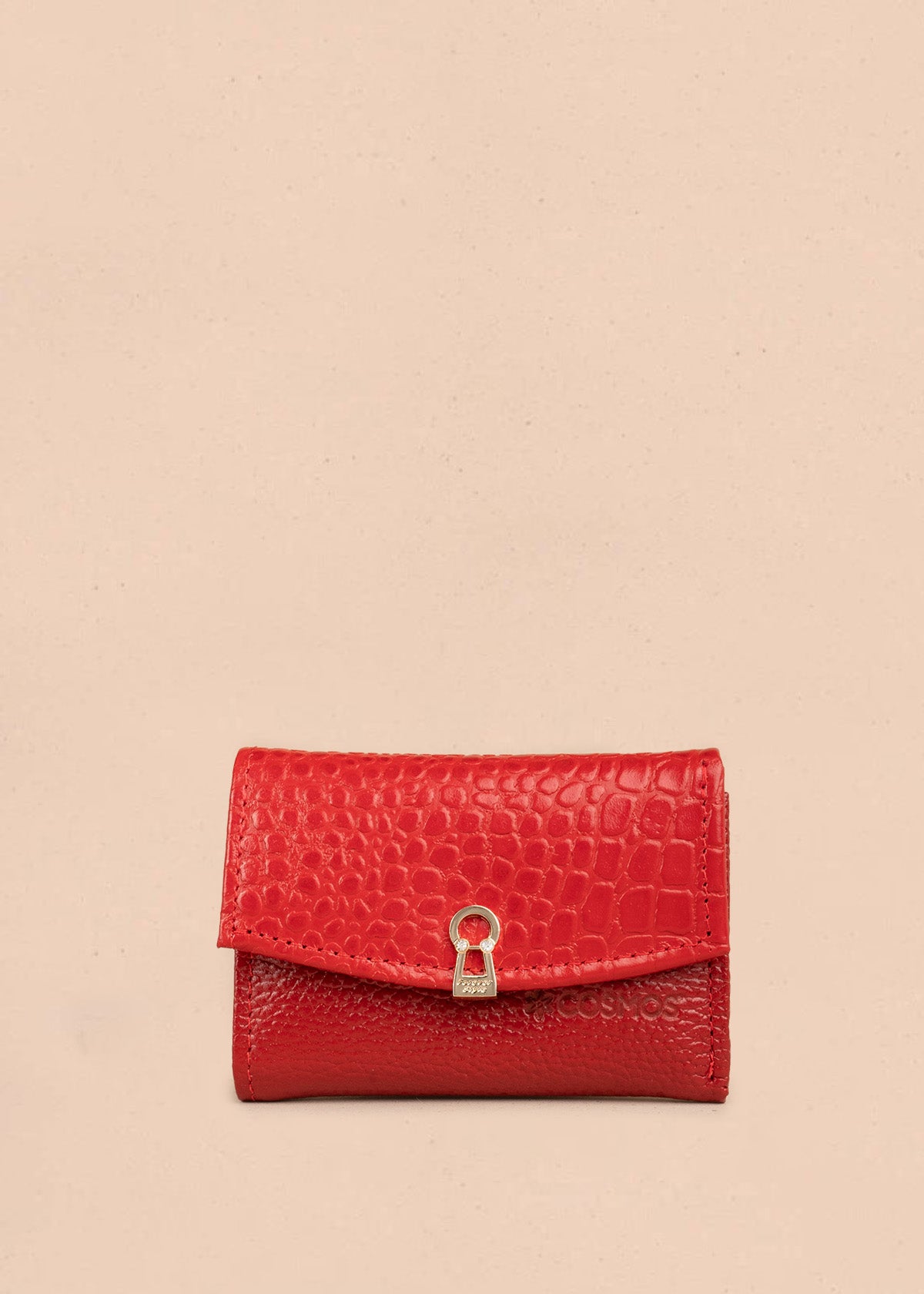 Billetera pequeña en cuero color rojo con broche dorado y cremallera 106641
