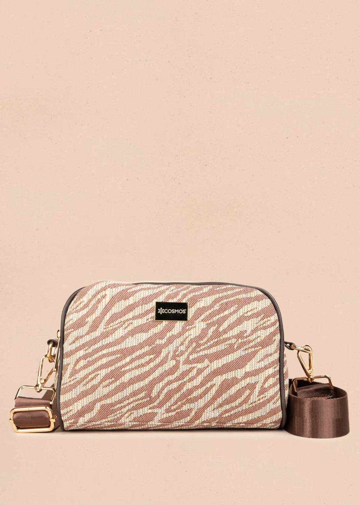 Cartera cruzada de tela color café con estampado cebra 106654