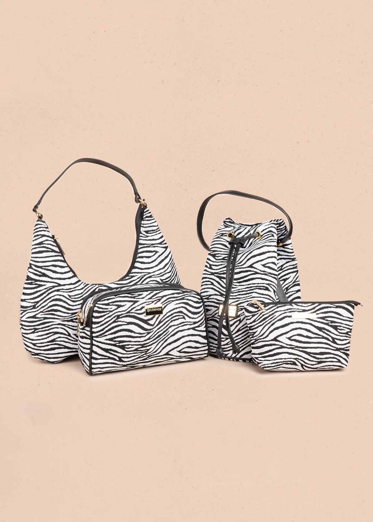 Cartera cruzada de tela color negro con estampado cebra 106654