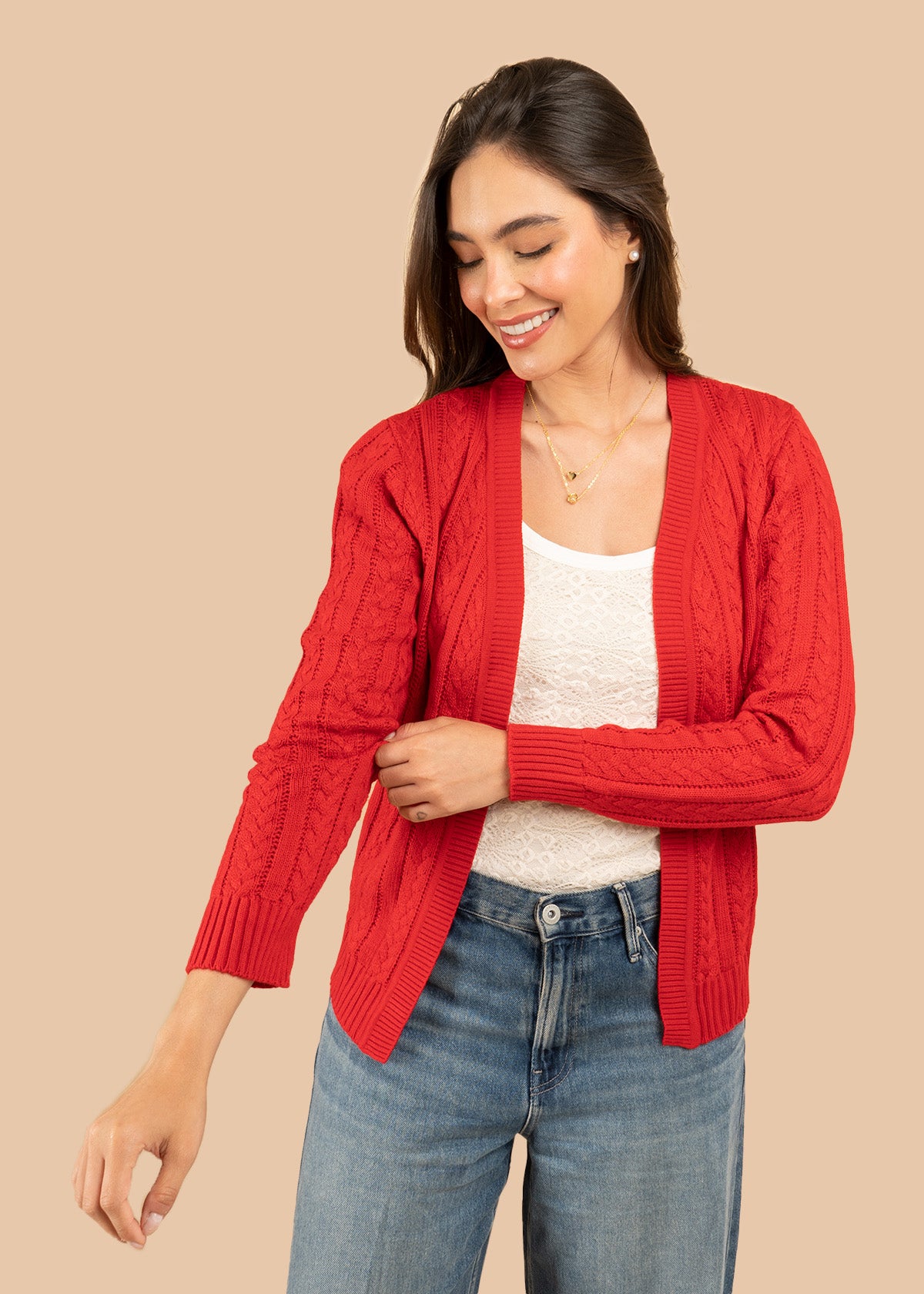 Saco tejido color rojo con diseño trenzado 106752
