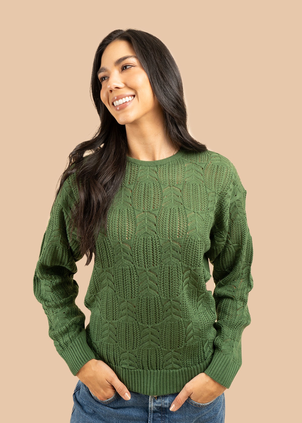 Buzo color verde tejido calado hojas 106756