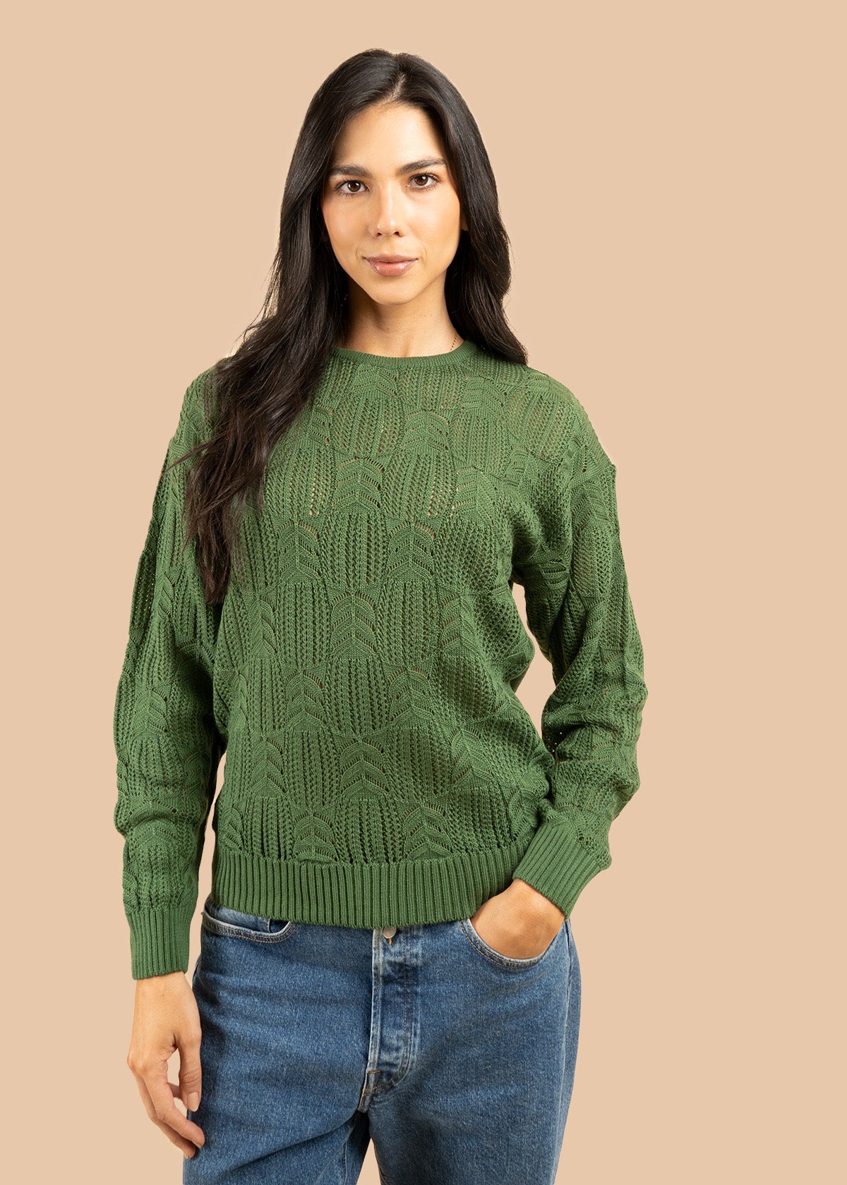 Buzo color verde tejido calado hojas 106756