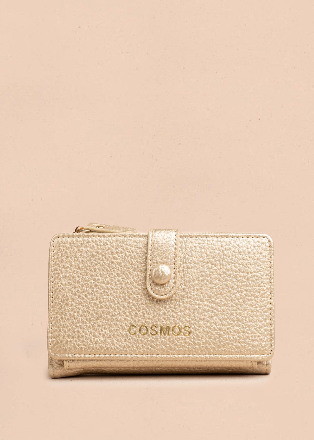 Billetera grande color champaña con broche y logo dorado COSMOS 106782