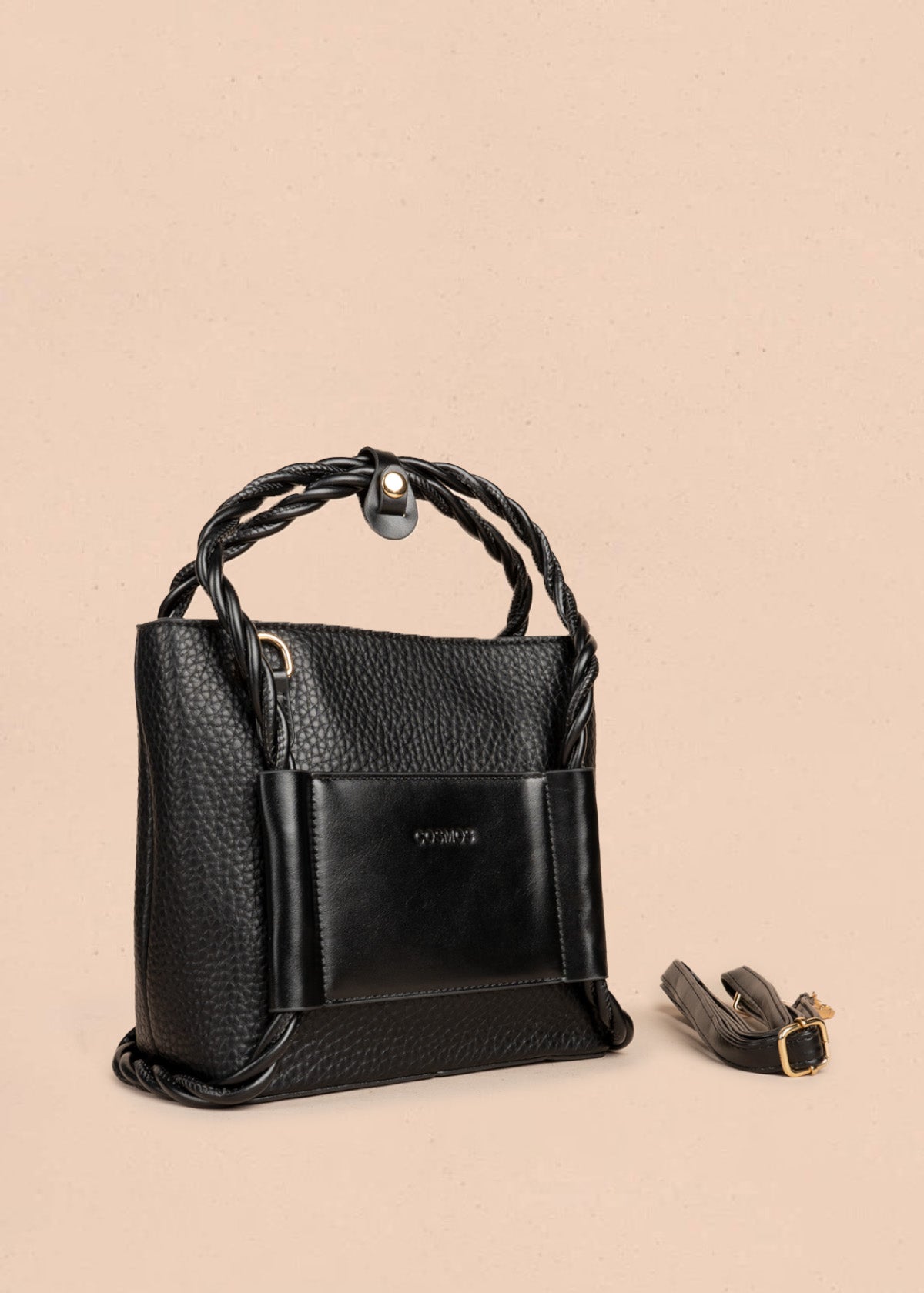 Bolso manos libres color negro con asas trenzadas 106789