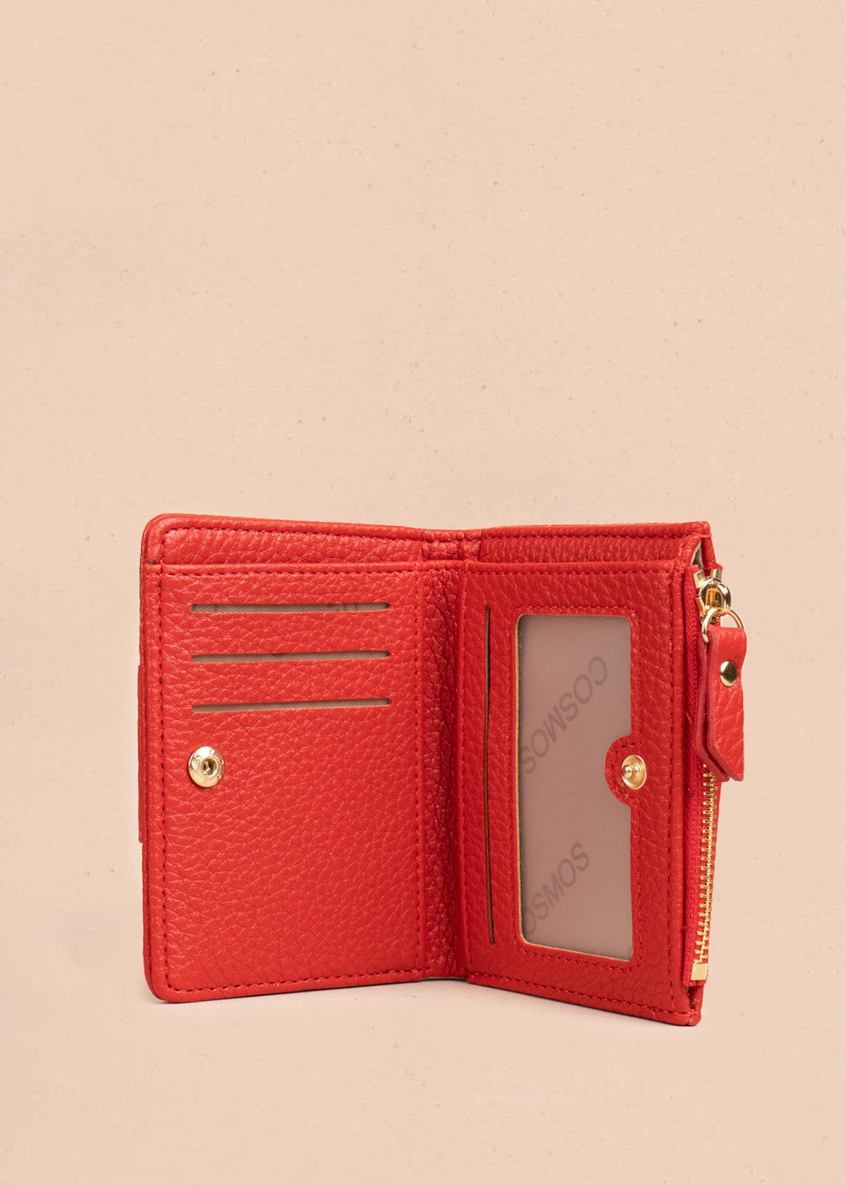 Billetera compacta para mujer color rojo con cierre y broche floral 106794