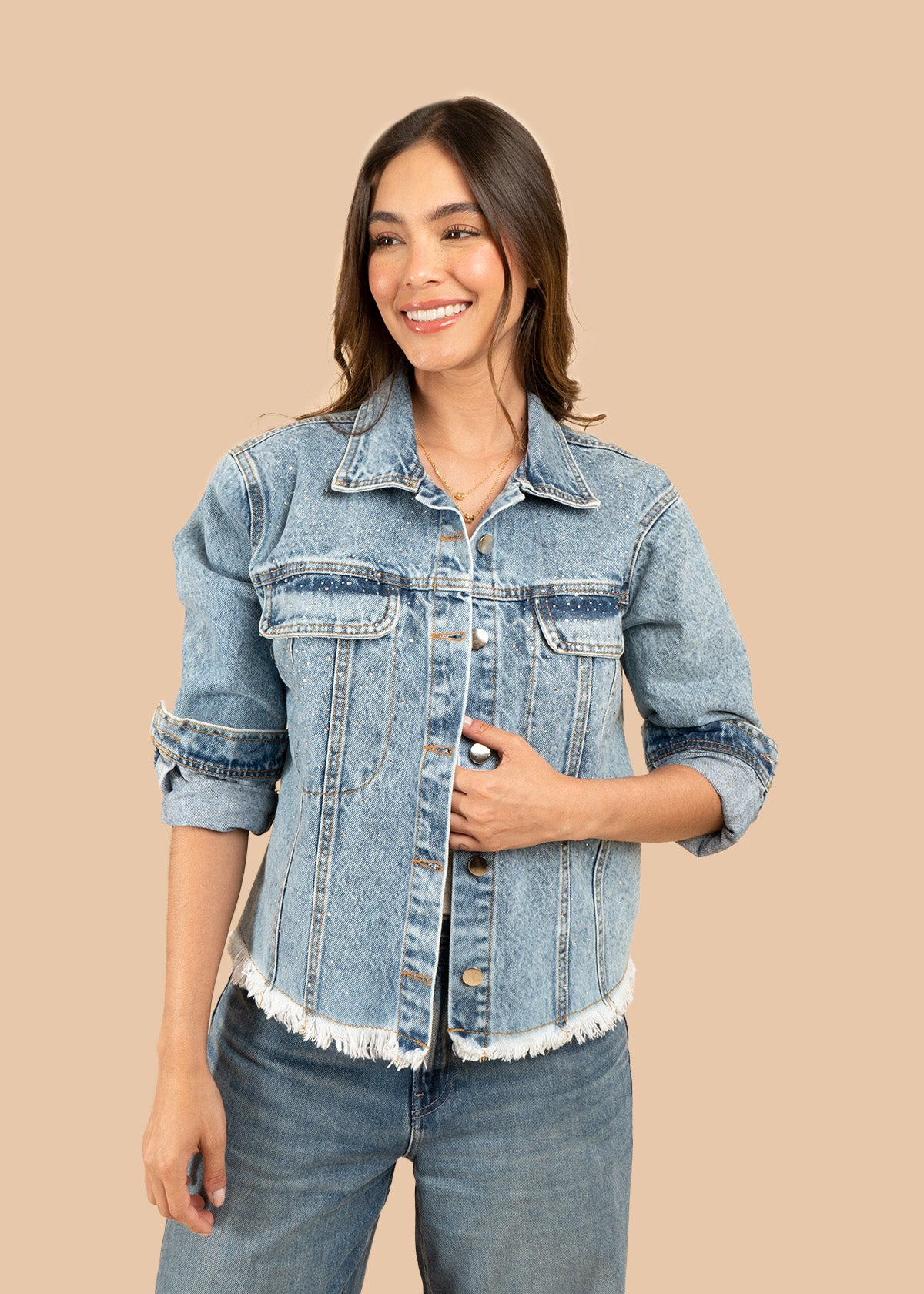 Chaqueta denim color azul con brillos y flecos 106802