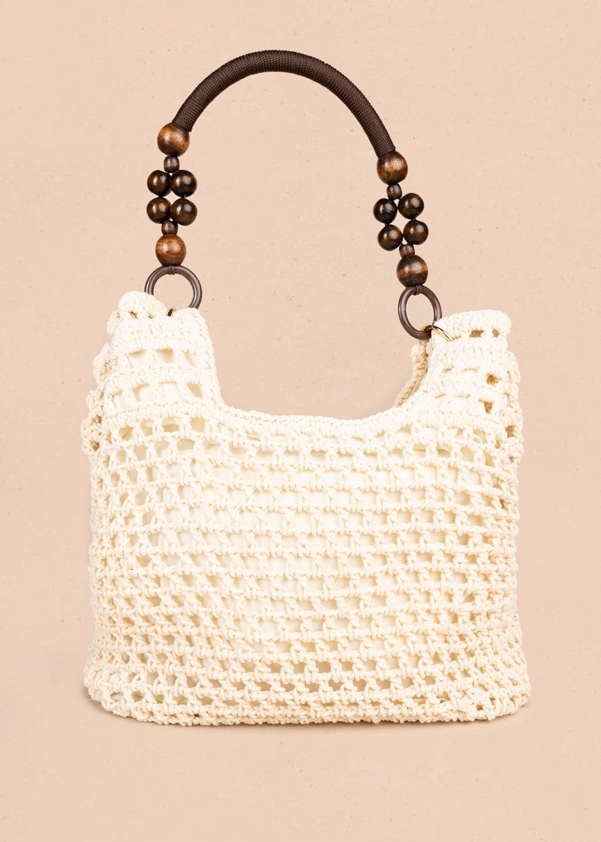 Bolso tipo shopping color marfil tejido calado con borla decorativa 106845