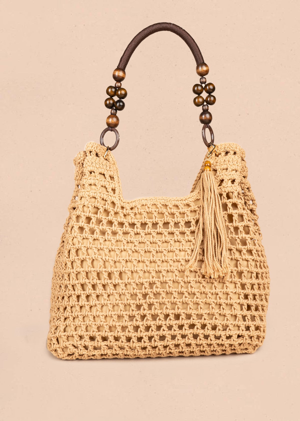 Bolso tipo shopping color caqui tejido calado con borla decorativa 106845