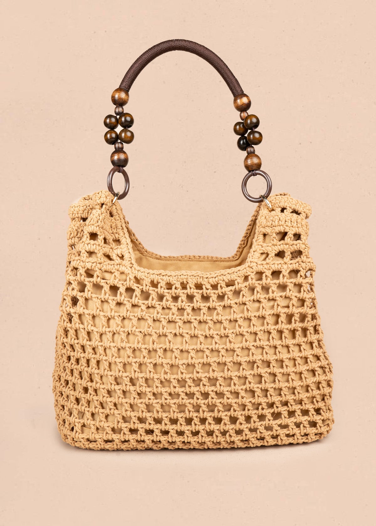 Bolso tipo shopping color caqui tejido calado con borla decorativa 106845