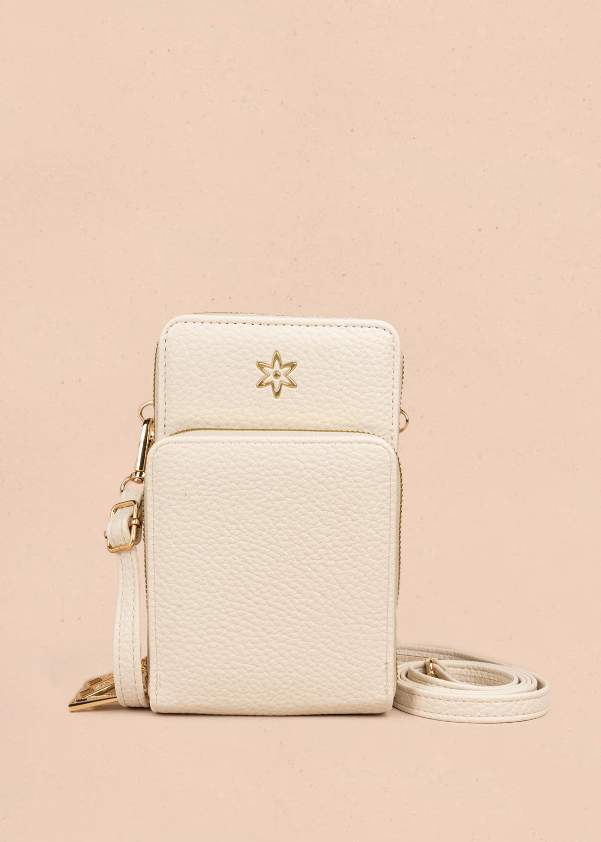 Porta celular color beige con doble compartimento y cierres dorados 106847
