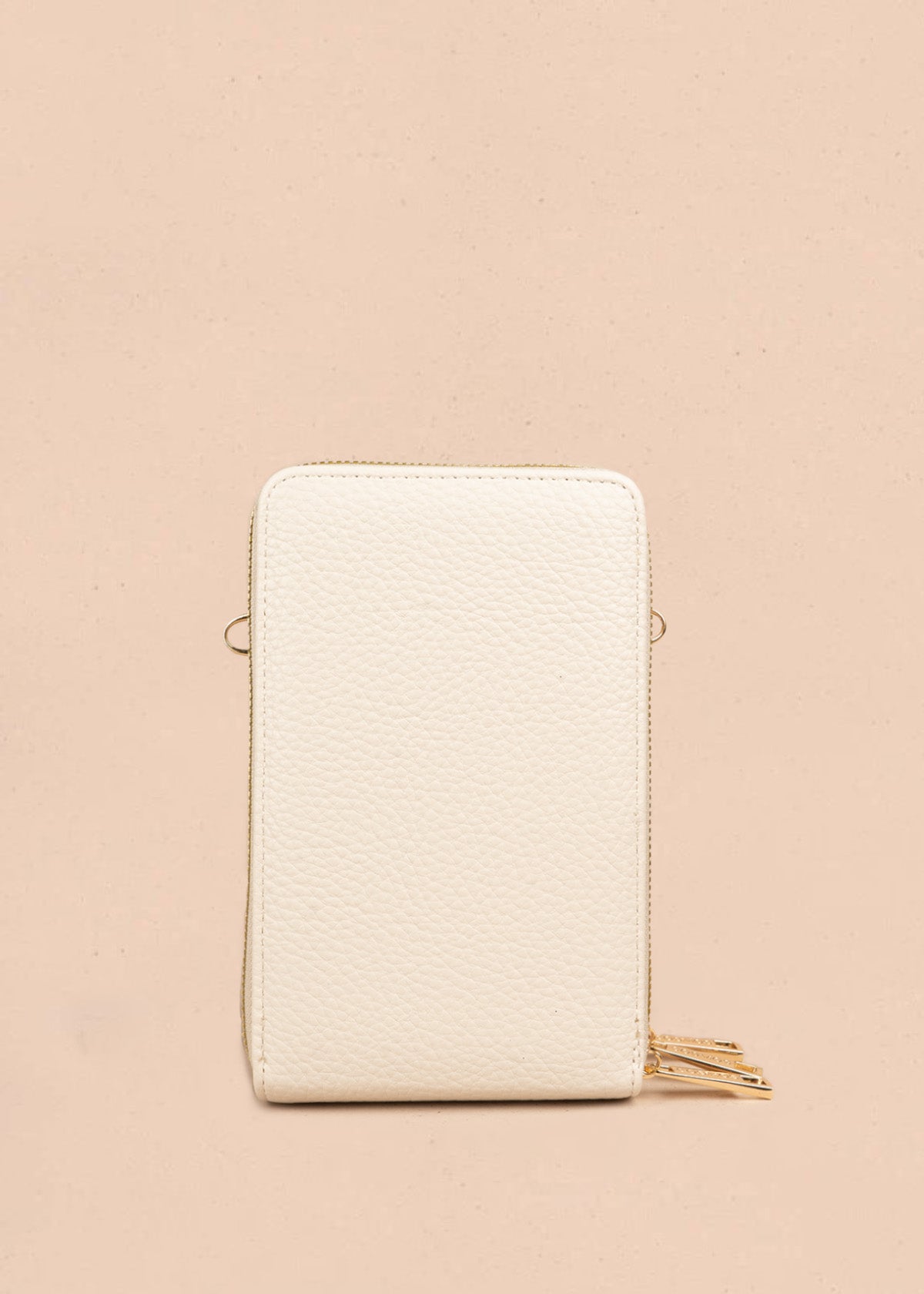 Porta celular color beige con doble compartimento y cierres dorados 106847