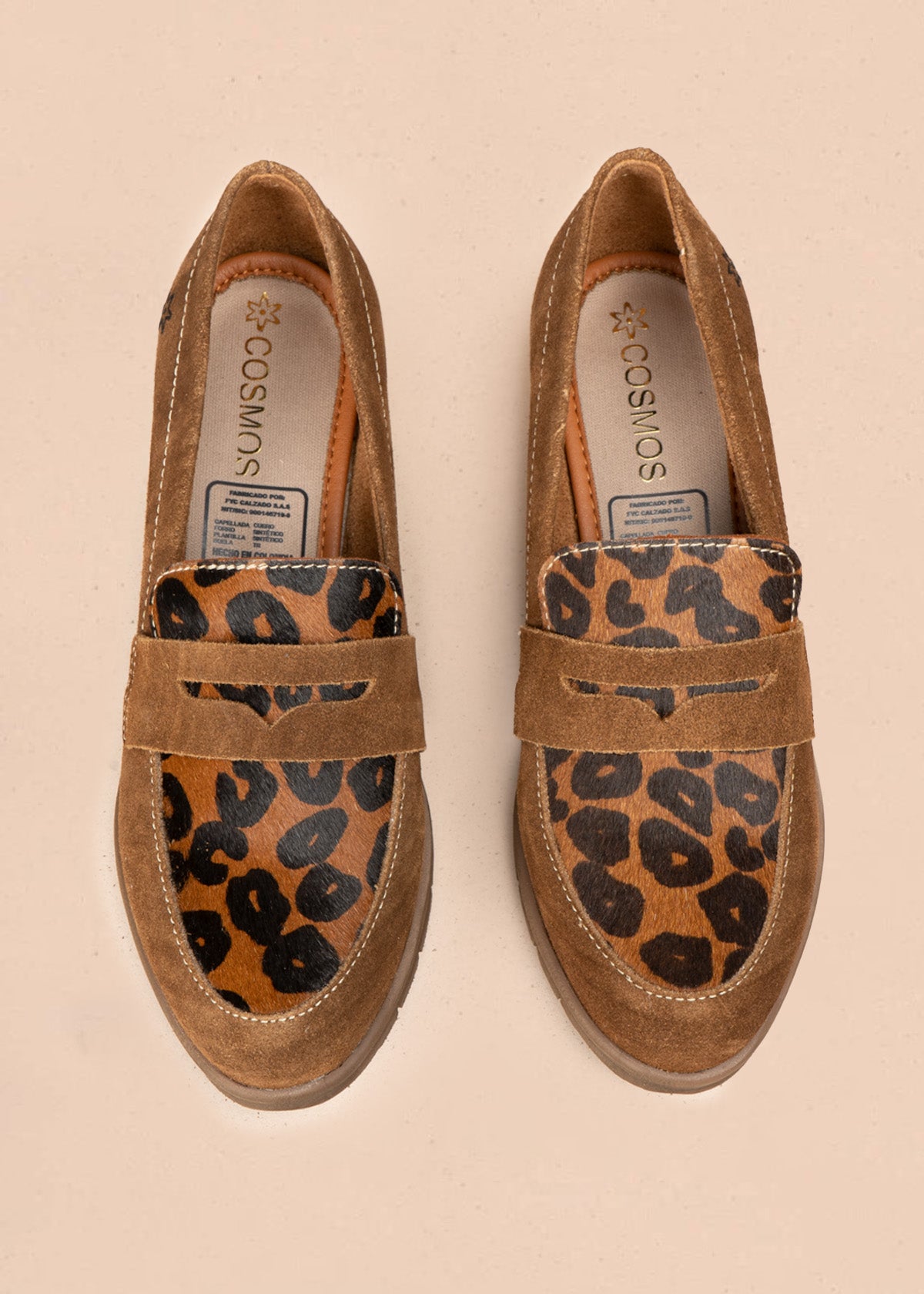 Mocasín en cuero color miel en gamuza con puntera animal print leopardo 106953
