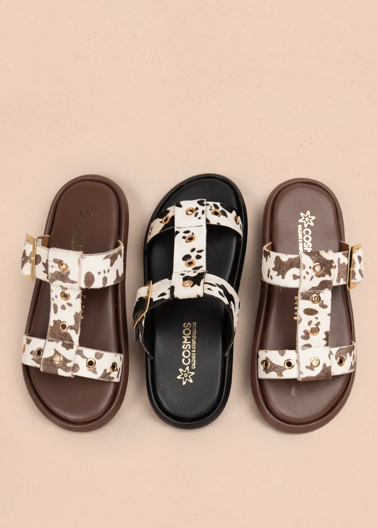 Sandalias planas en cuero color café con tiras animal print 107018