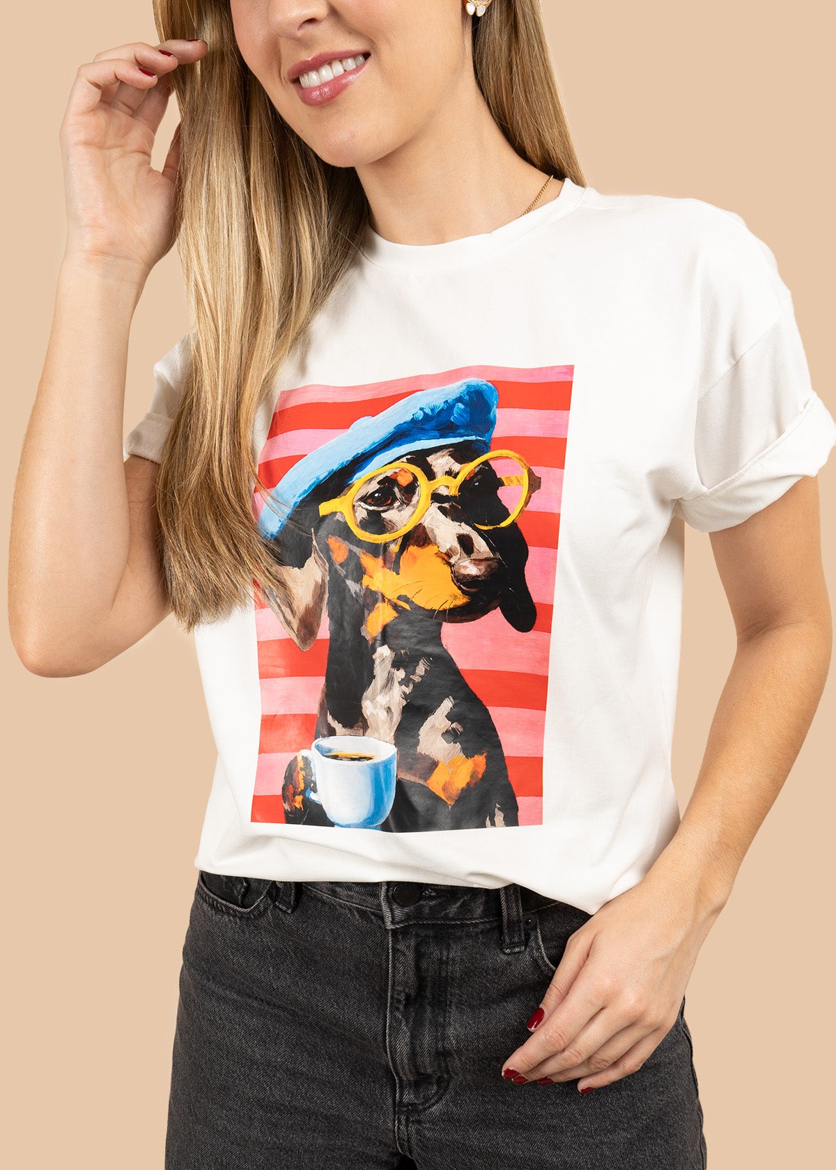 Camiseta algodón con estampado de perrito color marfil 107056