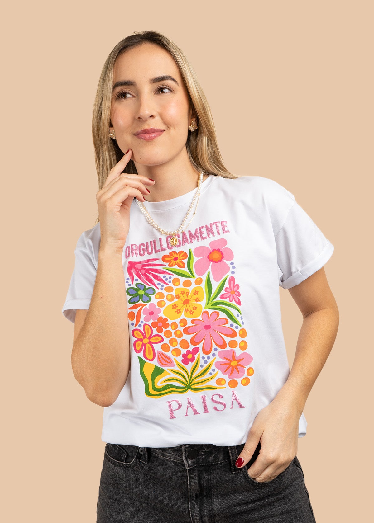 Camiseta algodón con estampado floral orgullosamente paisa color blanco 107058